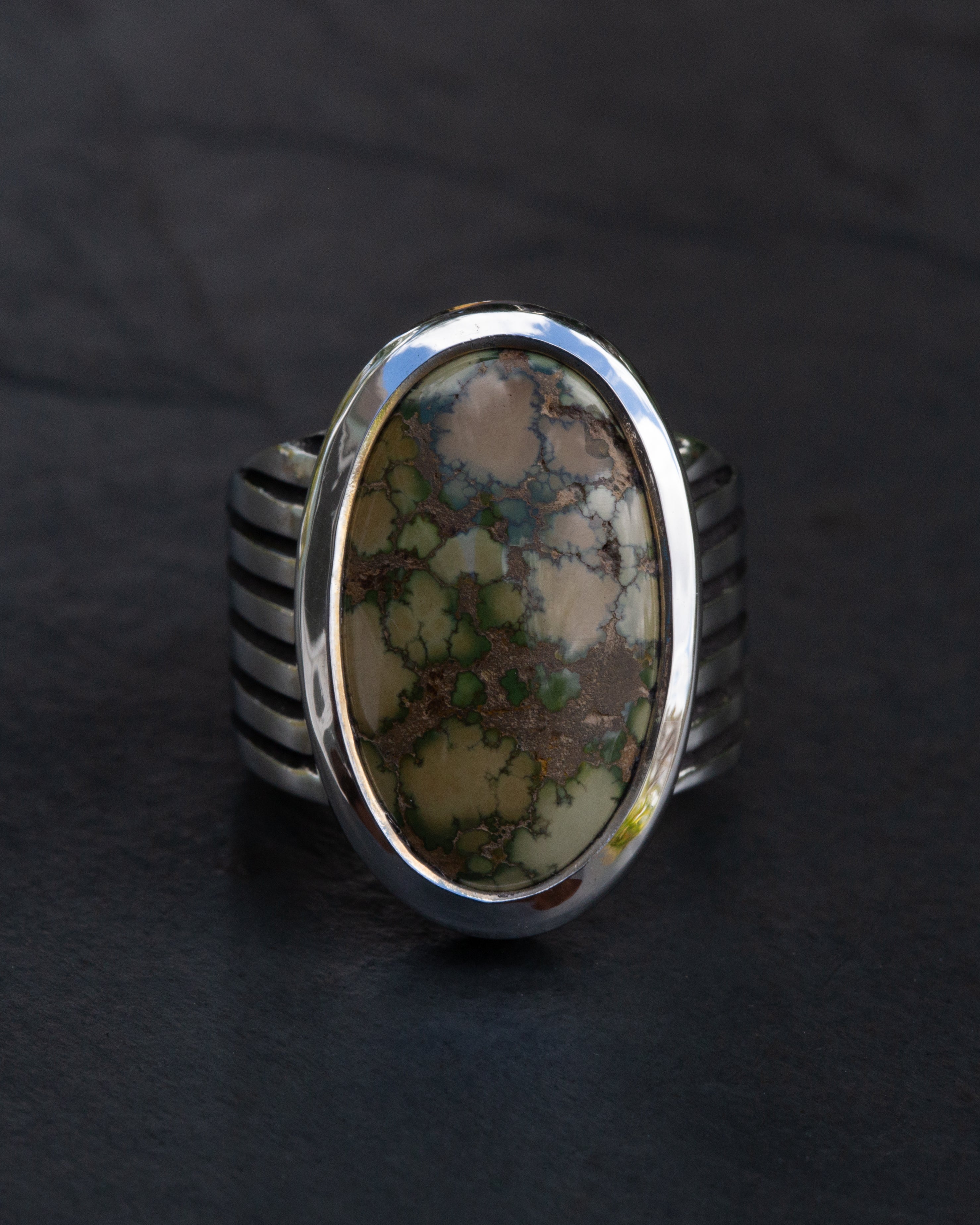 Heavy Bezeled Size 8 1/4 Damele Turquoise Sterling Silver Ring Angle Ribs Design