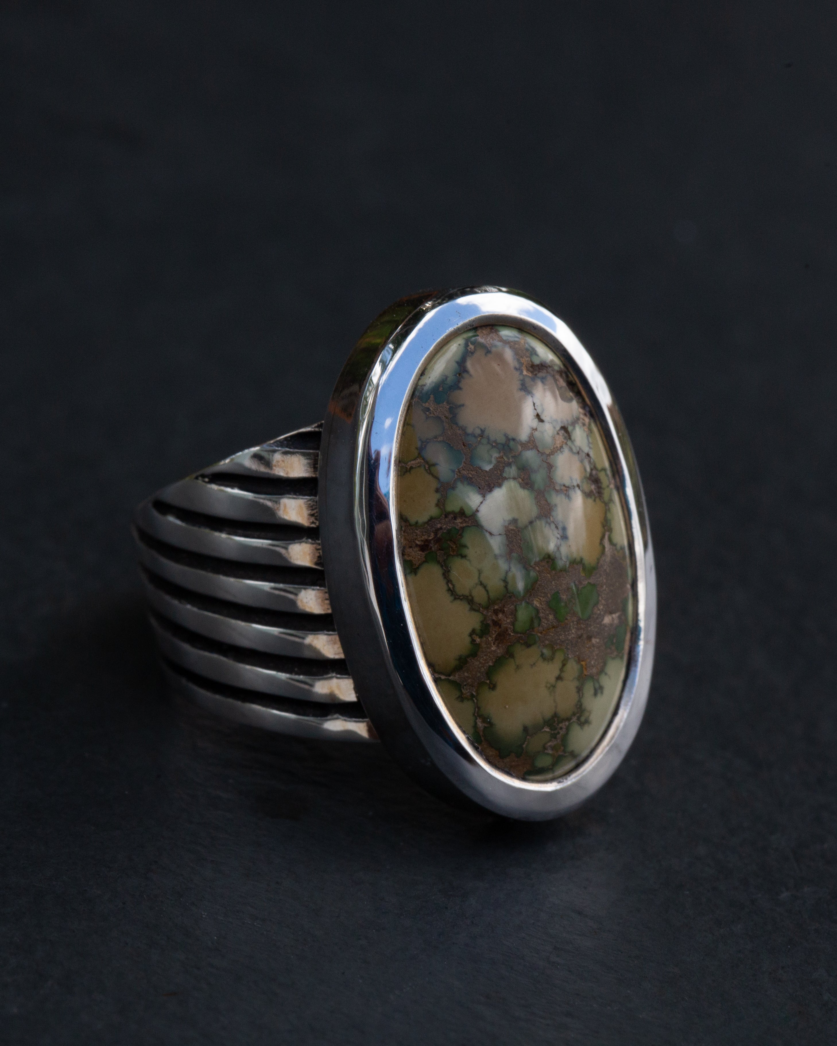 Heavy Bezeled Size 8 1/4 Damele Turquoise Sterling Silver Ring Angle Ribs Design