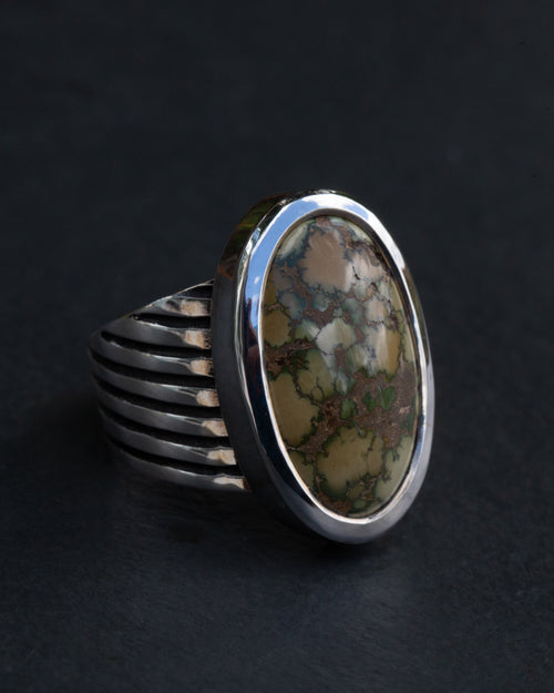 Heavy Bezeled Size 8 1/4 Damele Turquoise Sterling Silver Ring Angle Ribs Design