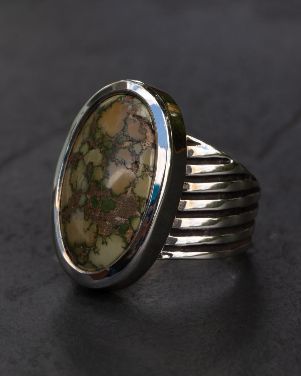 Handmade sterling silver ring with webbed Damele turquoise, size 8 1/4, view 3
