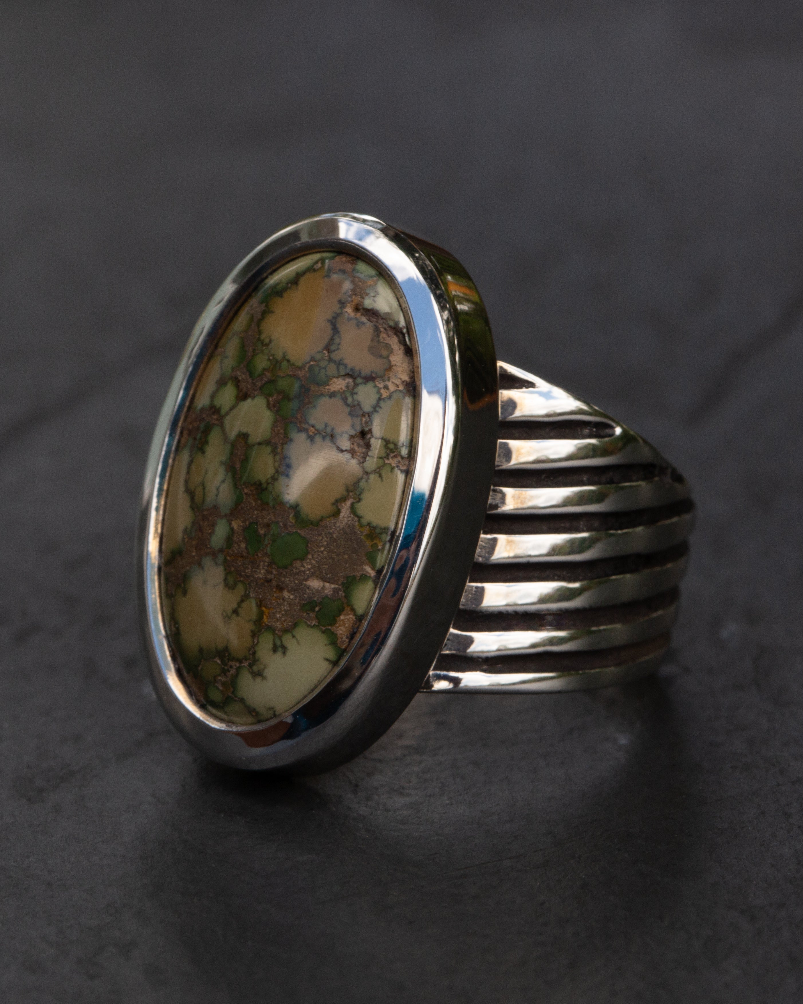 Heavy Bezeled Size 8 1/4 Damele Turquoise Sterling Silver Ring Angle Ribs Design