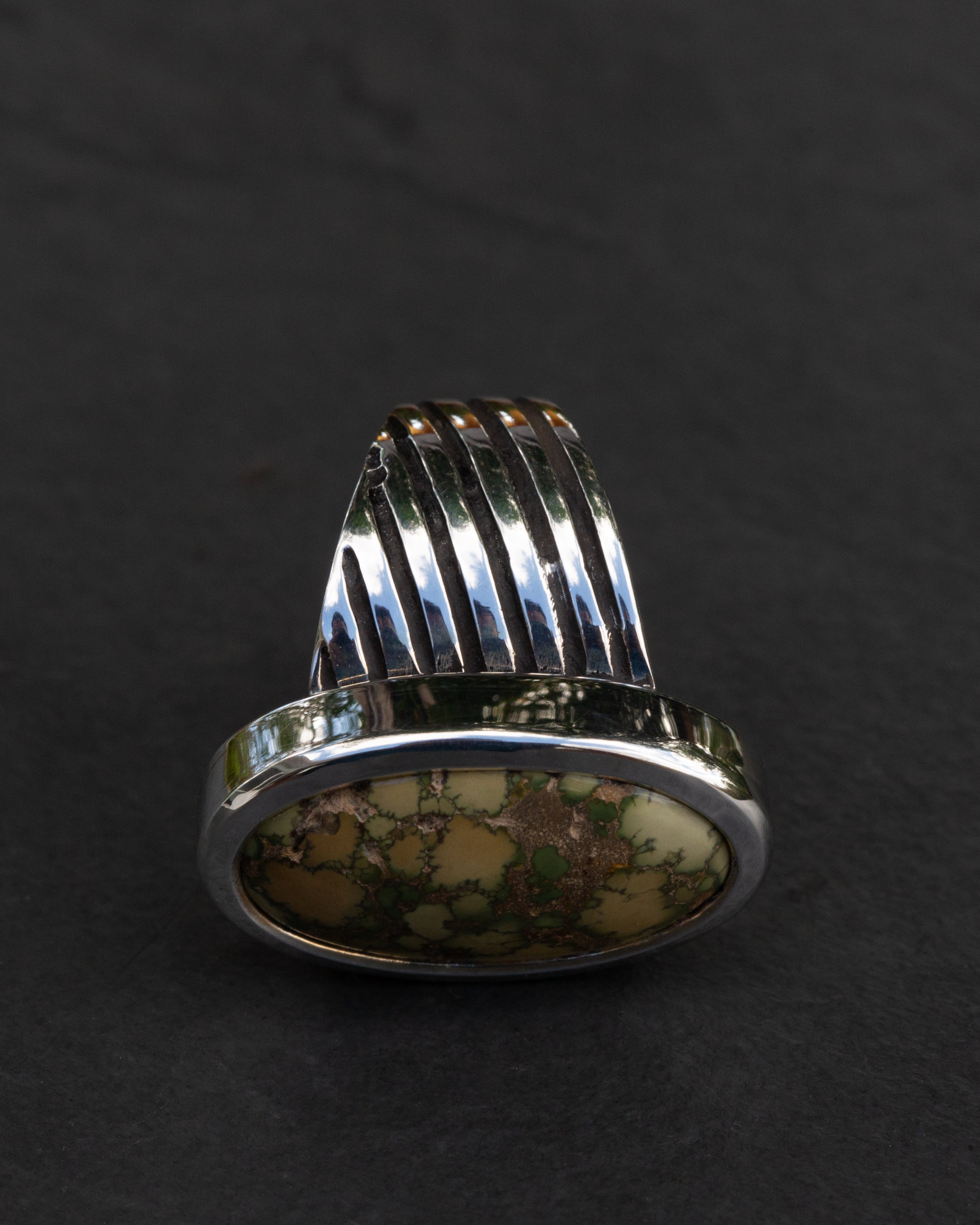 Heavy Bezeled Size 8 1/4 Damele Turquoise Sterling Silver Ring Angle Ribs Design