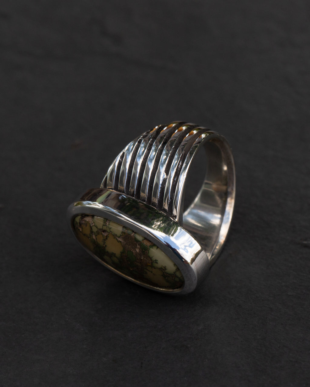 Handmade sterling silver ring with webbed Damele turquoise, size 8 1/4, view 5