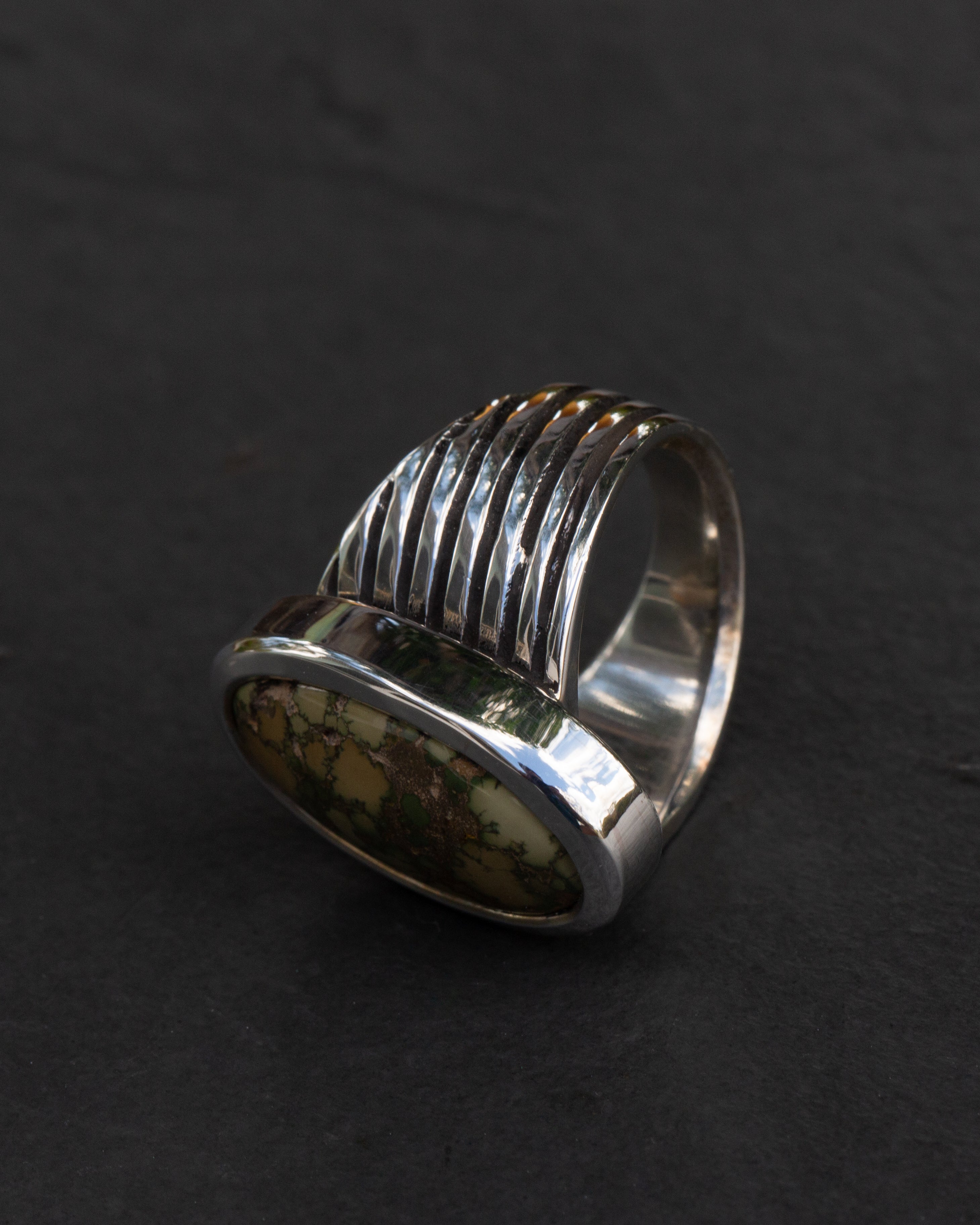 Heavy Bezeled Size 8 1/4 Damele Turquoise Sterling Silver Ring Angle Ribs Design