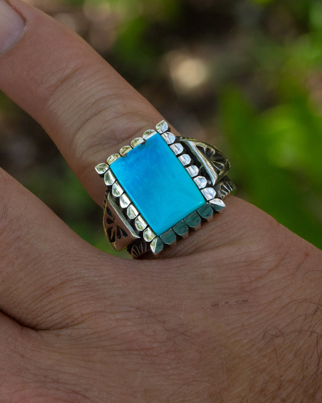 Heavy Duty Size 10 Stamped Morenci Turquoise Ring