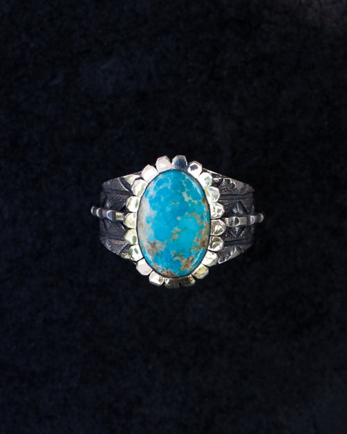 Highly Stylized Size 12.5 Kingman Turquoise, Stamped, Chased, and Textured Sterling Silver Ring With Castellated Bezel