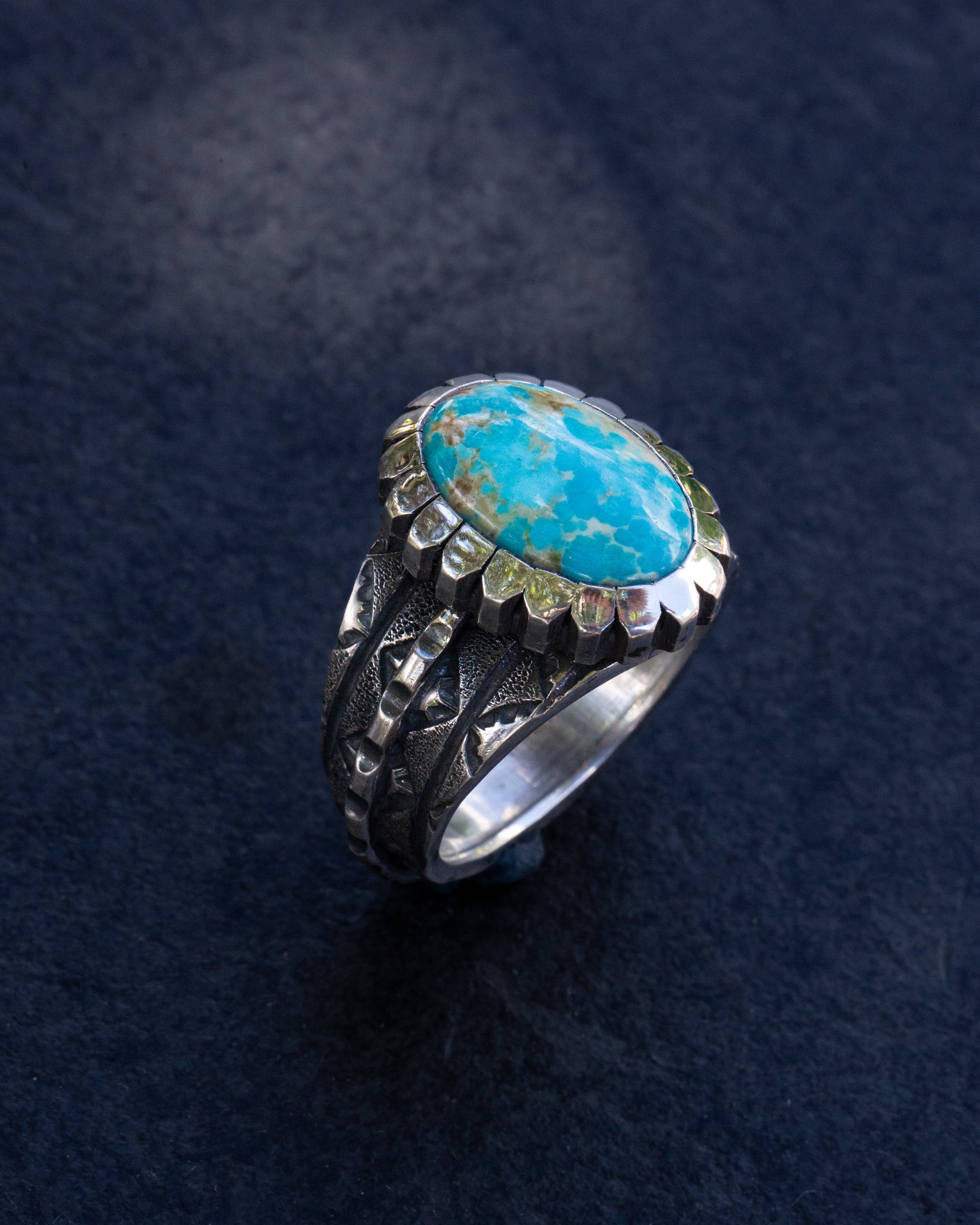 Highly Stylized Size 12.5 Kingman Turquoise, Stamped, Chased, and Textured Sterling Silver Ring With Castellated Bezel