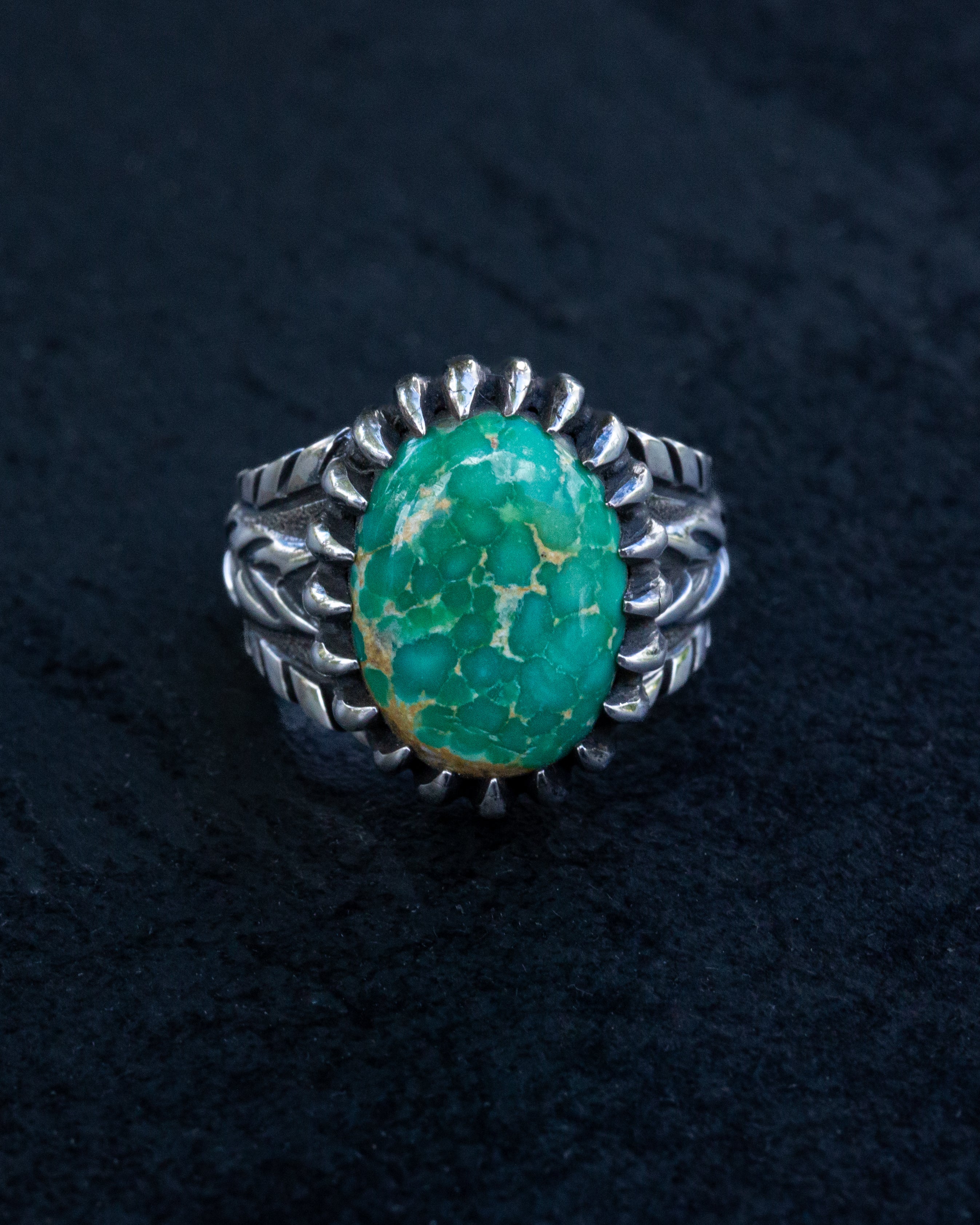Petite Beautiful Size 4.75 Emerald Valley Turquoise Stamped Chased and Textured Sterling Silver Ring with Claw Style Castellated Bezel
