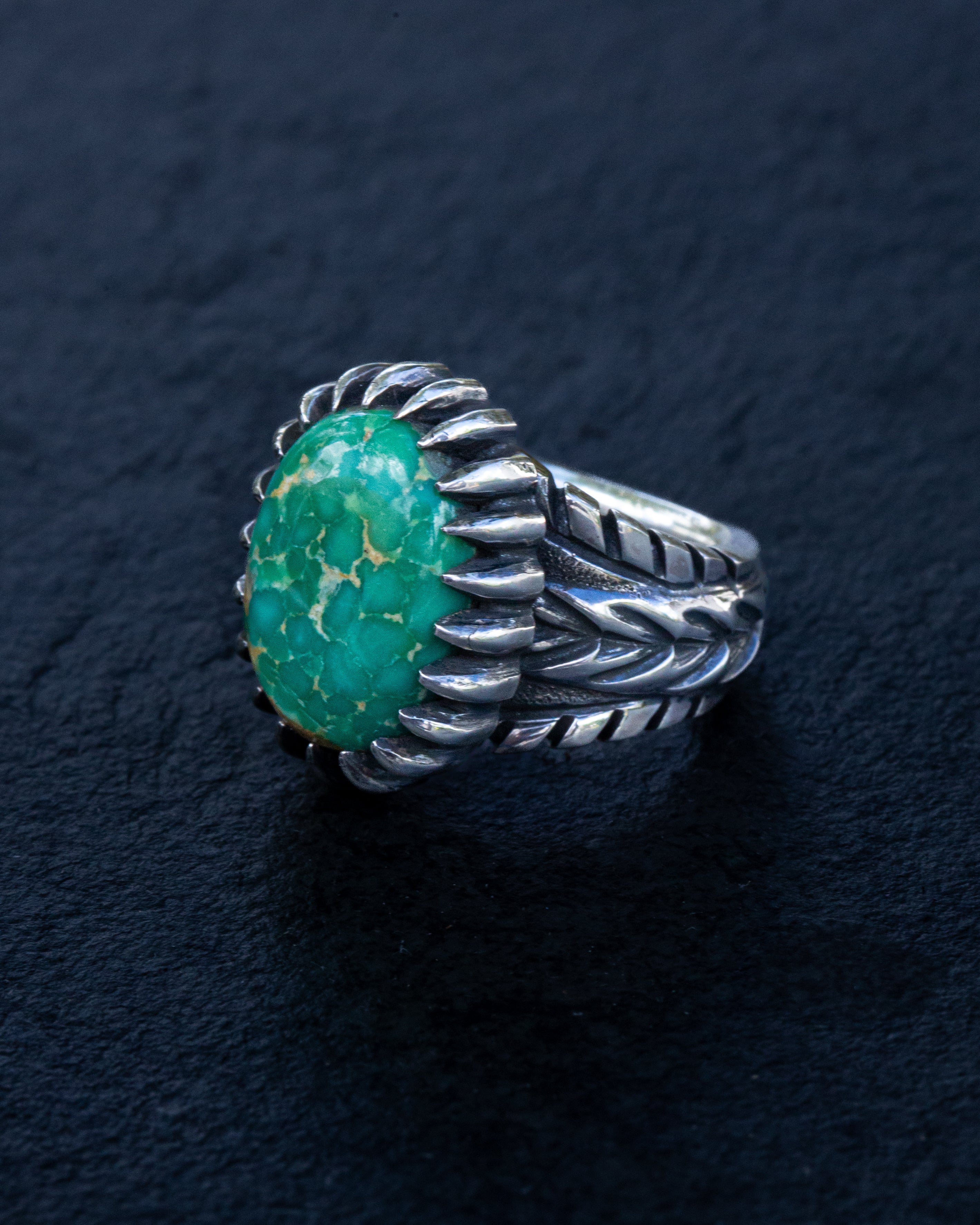 Petite Beautiful Size 4.75 Emerald Valley Turquoise Stamped Chased and Textured Sterling Silver Ring with Claw Style Castellated Bezel