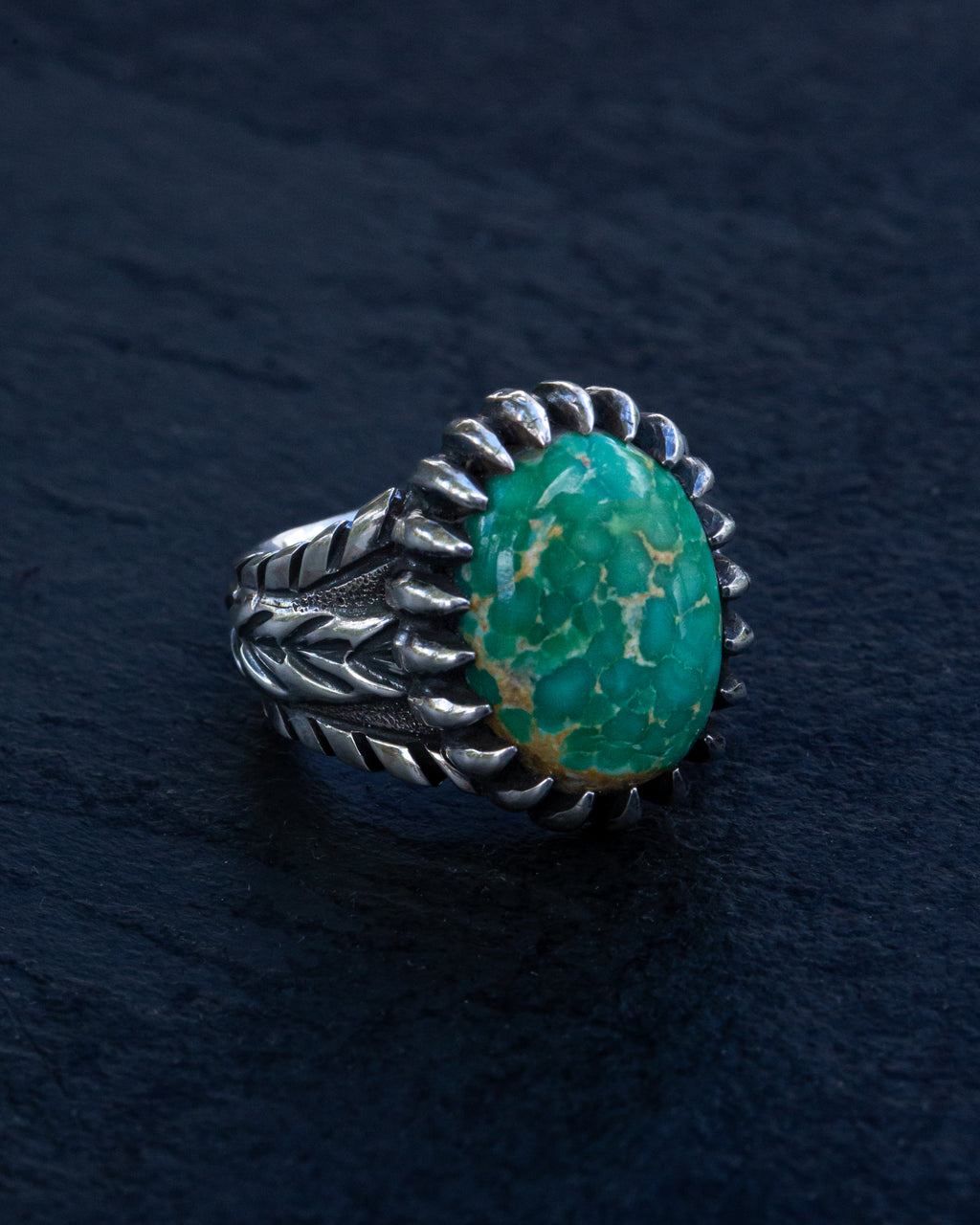 Petite Beautiful Size 4.75 Emerald Valley Turquoise Stamped Chased and Textured Sterling Silver Ring with Claw Style Castellated Bezel