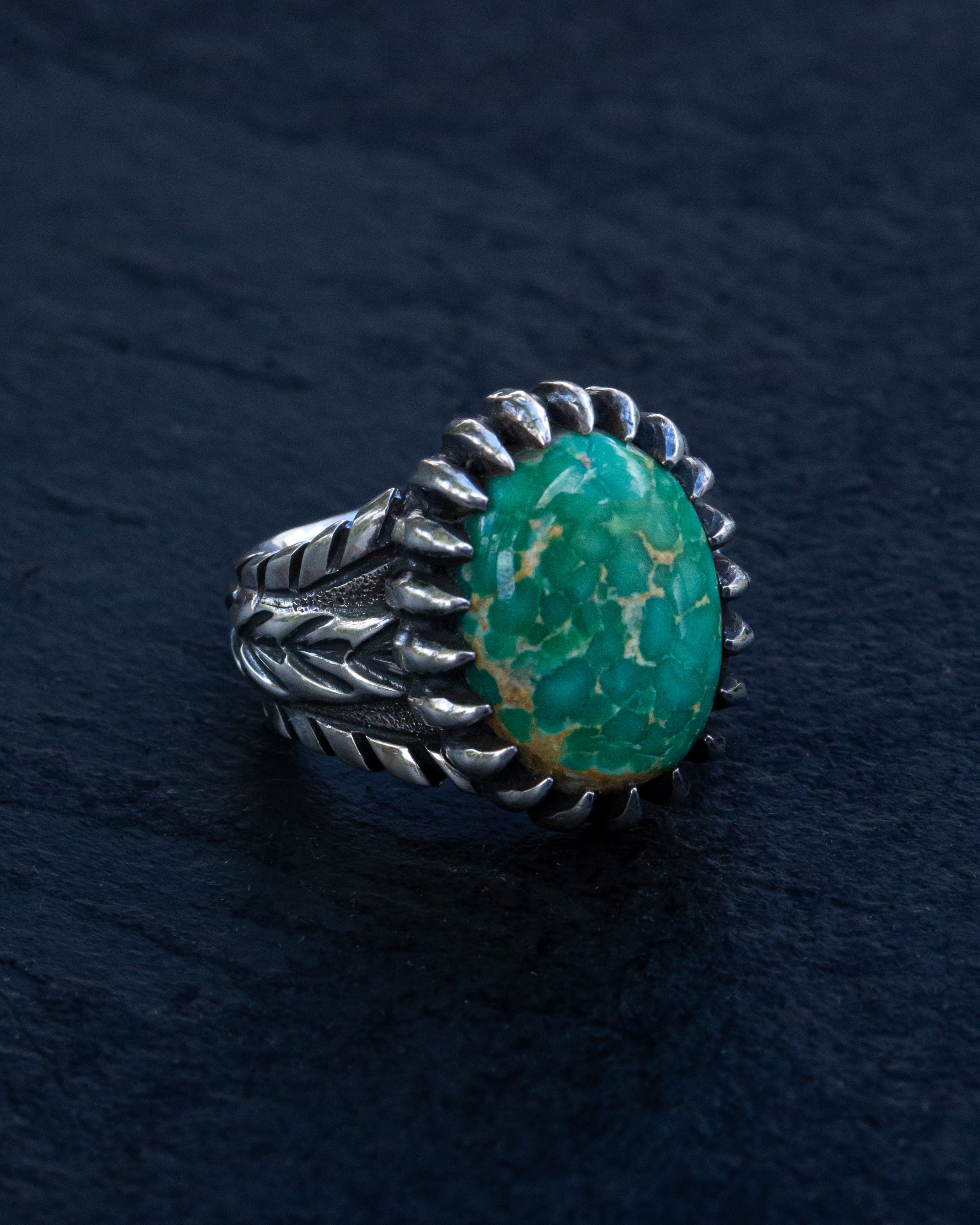 Petite Beautiful Size 4.75 Emerald Valley Turquoise Stamped Chased and Textured Sterling Silver Ring with Claw Style Castellated Bezel