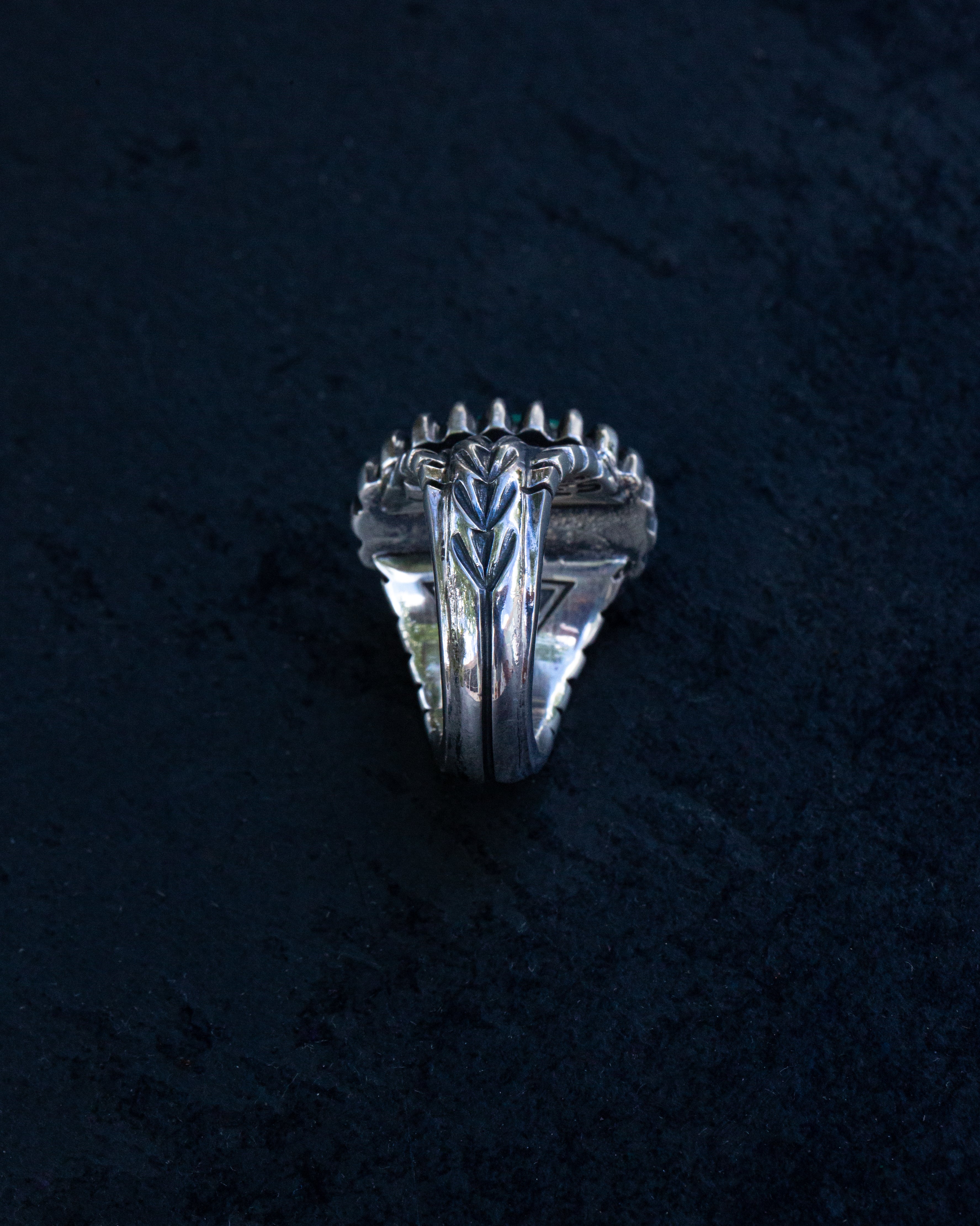 Petite Beautiful Size 4.75 Emerald Valley Turquoise Stamped Chased and Textured Sterling Silver Ring with Claw Style Castellated Bezel