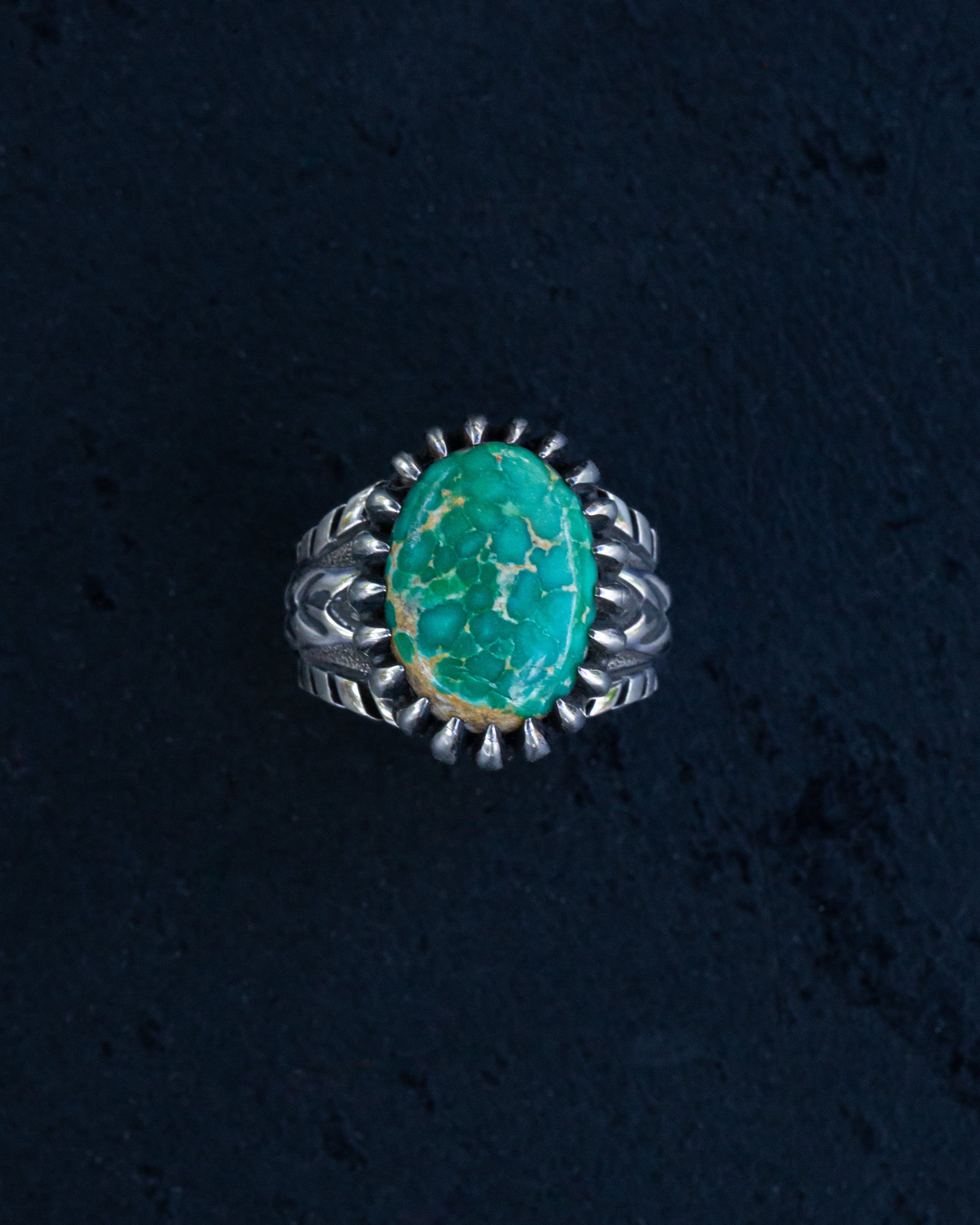 Petite Beautiful Size 4.75 Emerald Valley Turquoise Stamped Chased and Textured Sterling Silver Ring with Claw Style Castellated Bezel