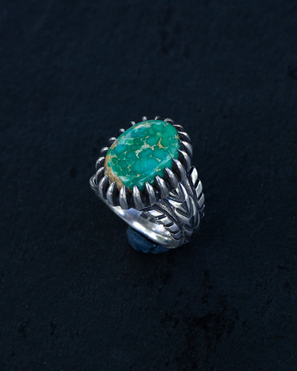 Petite Beautiful Size 4.75 Emerald Valley Turquoise Stamped Chased and Textured Sterling Silver Ring with Claw Style Castellated Bezel
