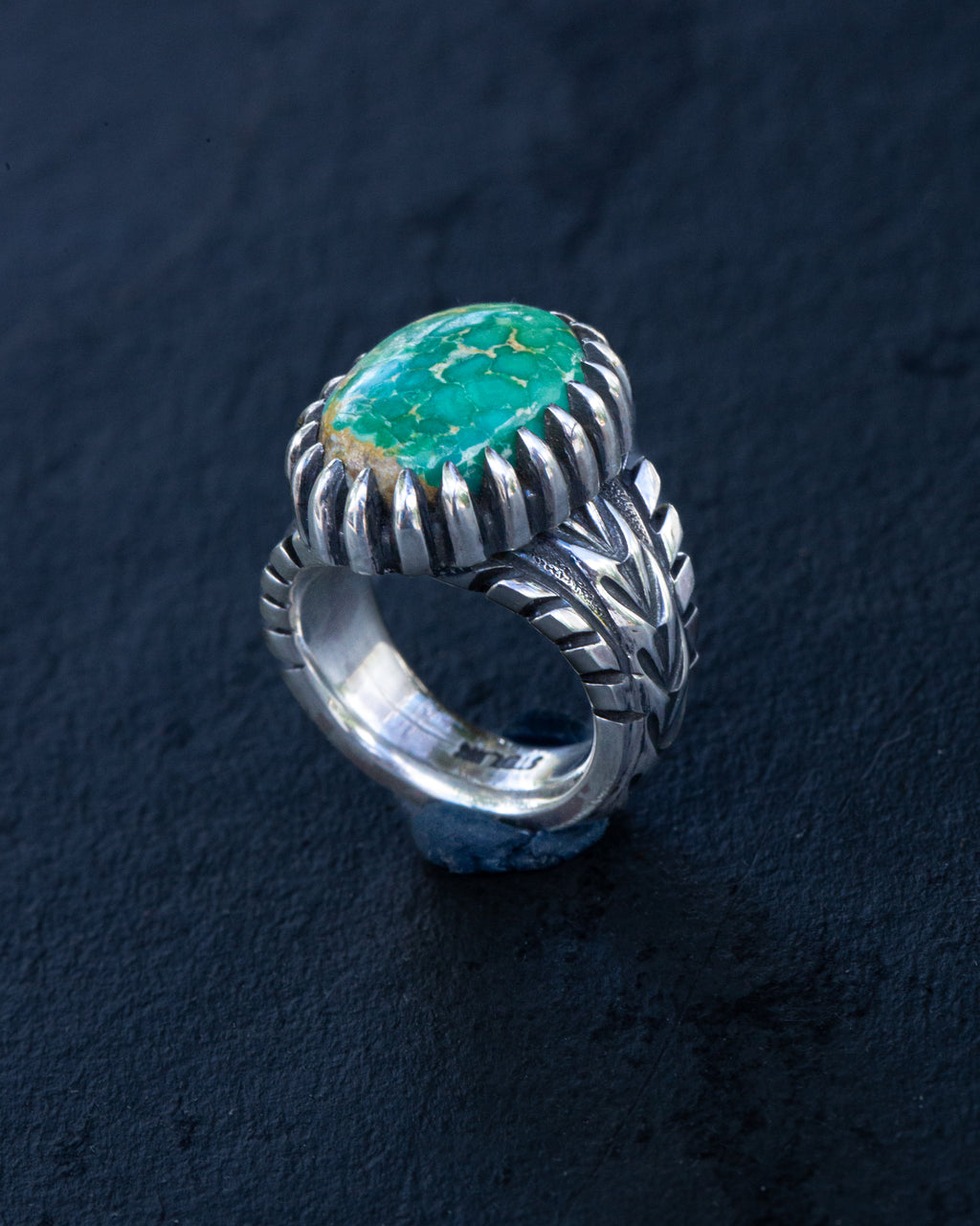 Petite Beautiful Size 4.75 Emerald Valley Turquoise Stamped Chased and Textured Sterling Silver Ring with Claw Style Castellated Bezel