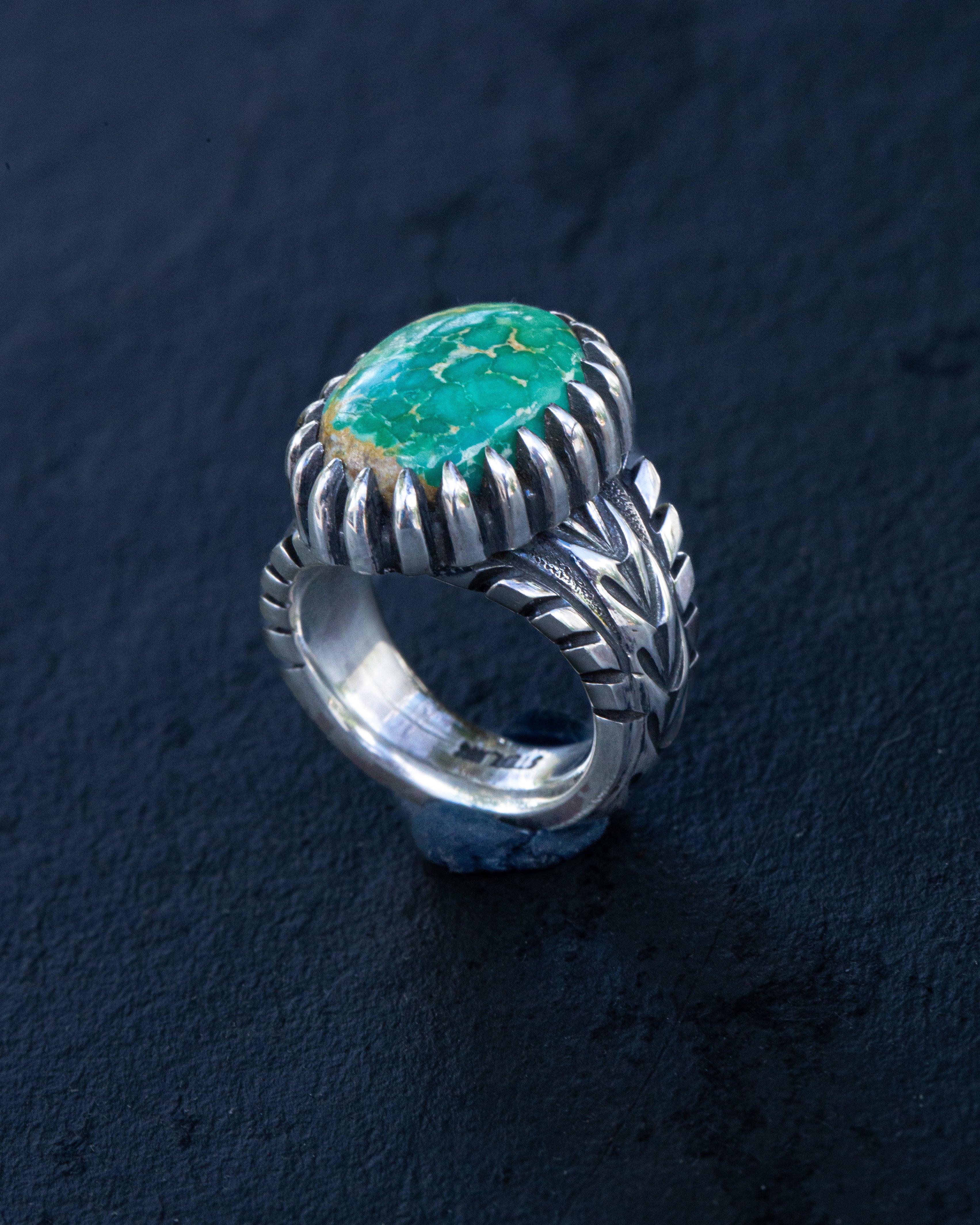 Petite Beautiful Size 4.75 Emerald Valley Turquoise Stamped Chased and Textured Sterling Silver Ring with Claw Style Castellated Bezel