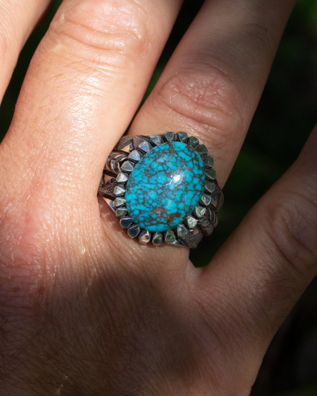 Incredible Size 12.5 Natural High Grade Webbed Bisbee Turquoise Stamped, Chased, and Textured Ring