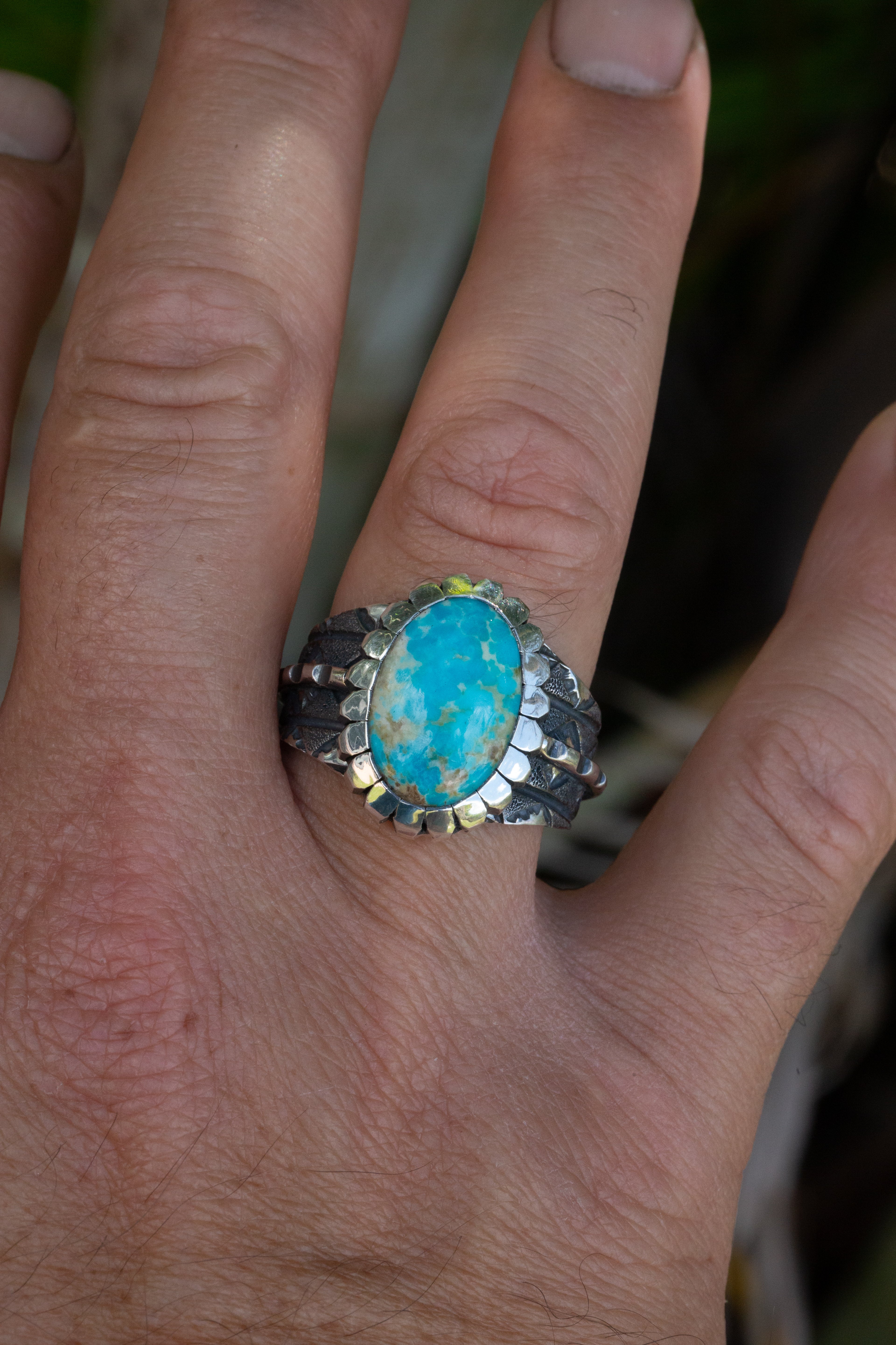 Highly Stylized Size 12.5 Kingman Turquoise, Stamped, Chased, and Textured Sterling Silver Ring With Castellated Bezel