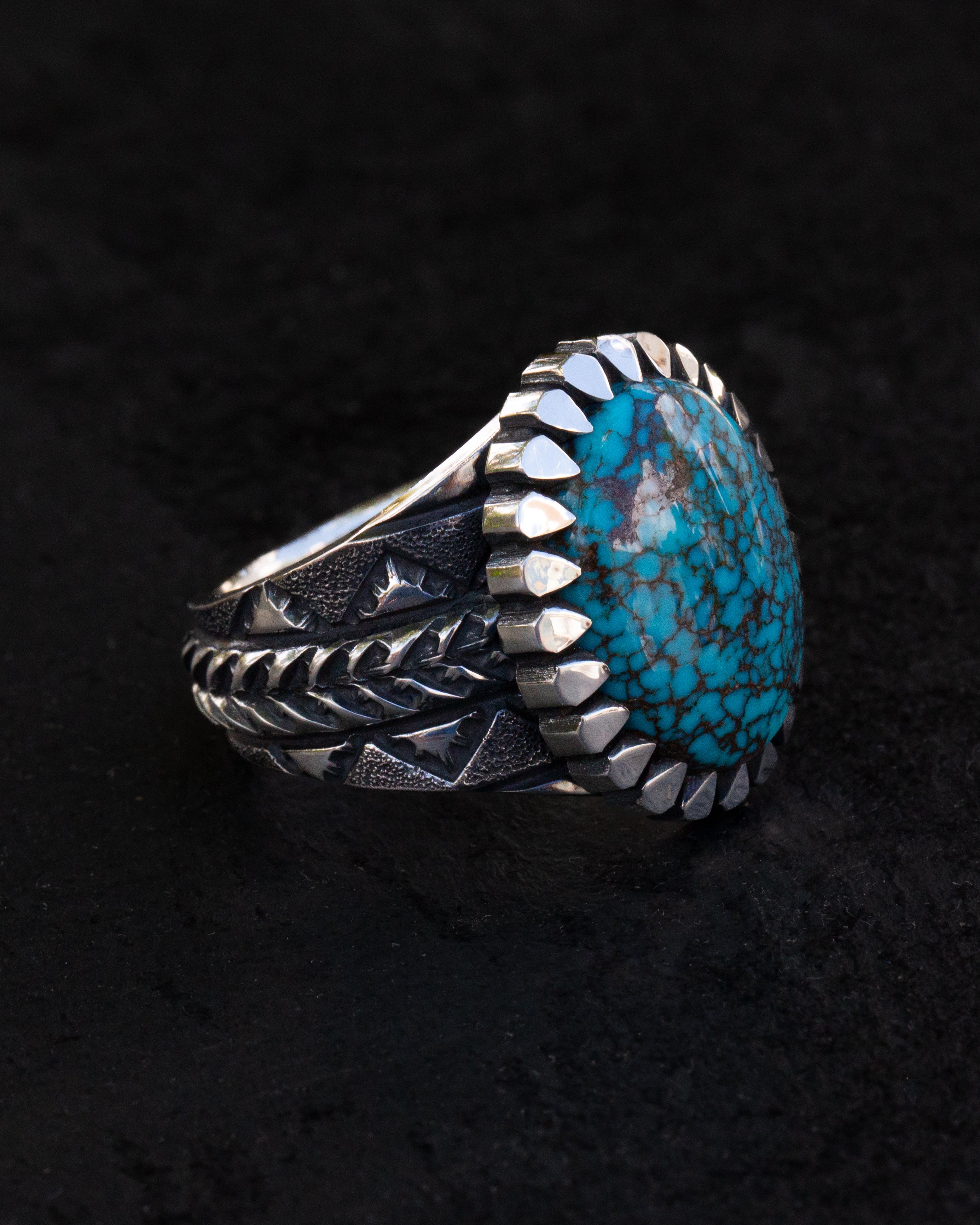Incredible Size 12.5 Natural High Grade Webbed Bisbee Turquoise Stamped, Chased, and Textured Ring