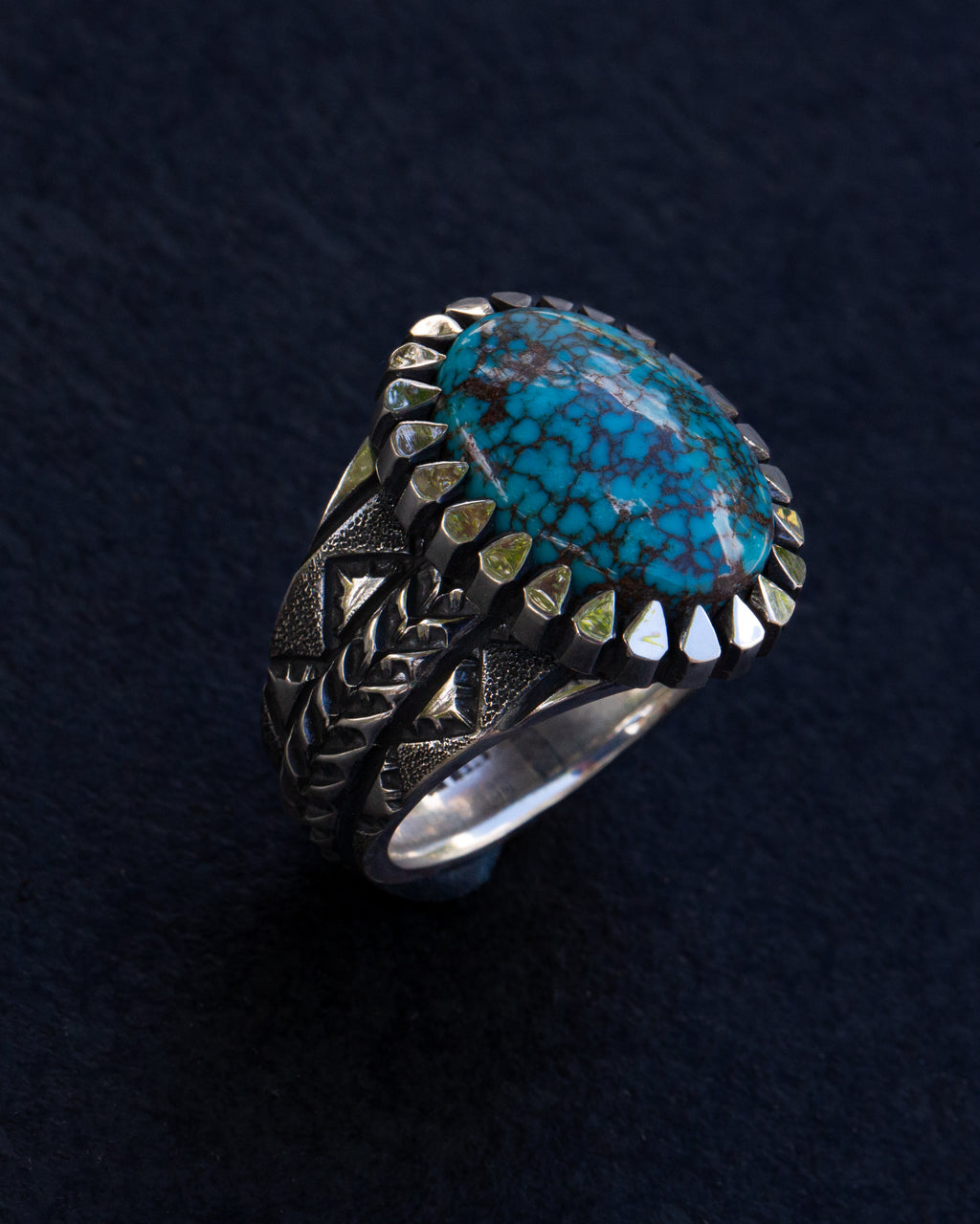Incredible Size 12.5 Natural High Grade Webbed Bisbee Turquoise Stamped, Chased, and Textured Ring