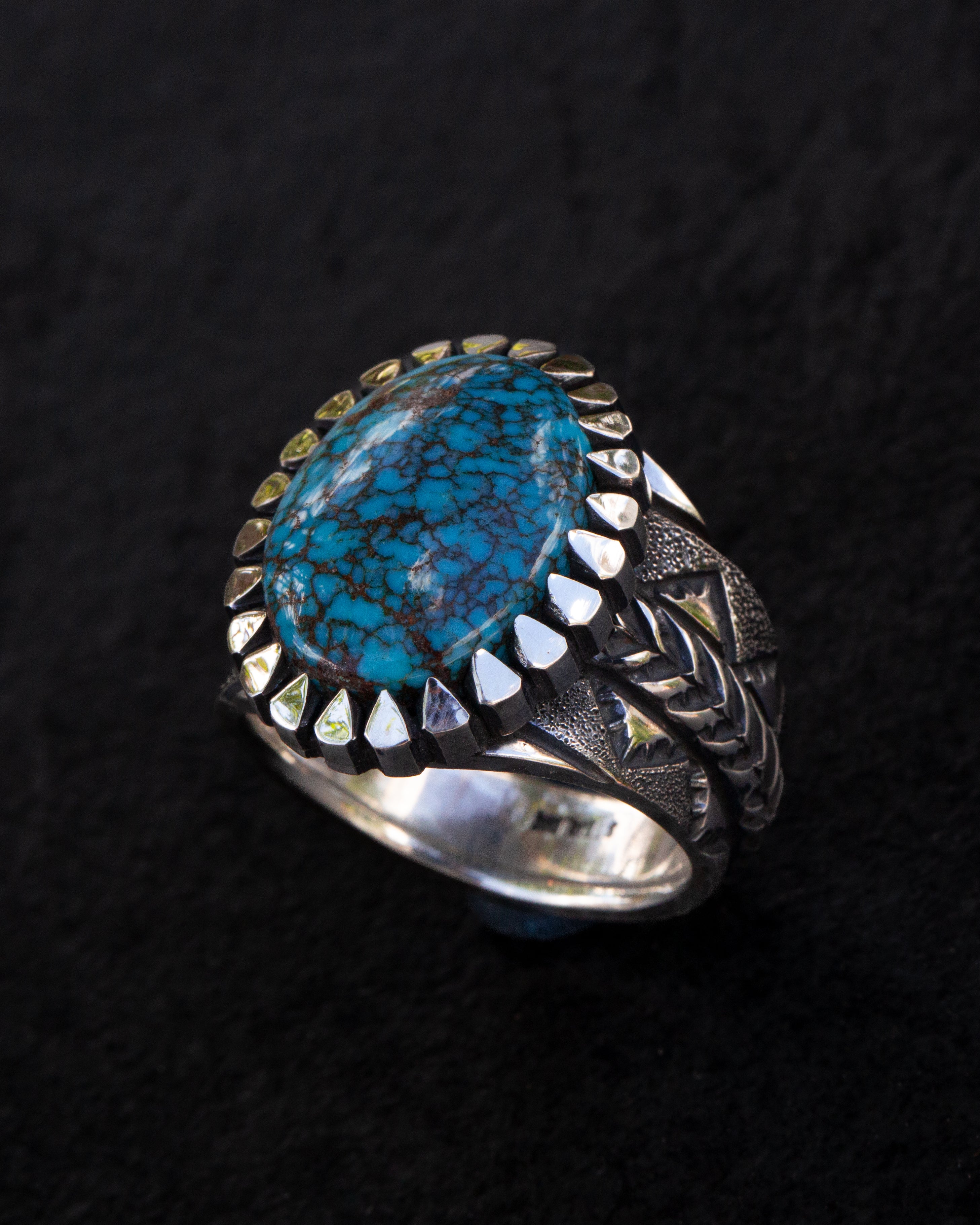 Incredible Size 12.5 Natural High Grade Webbed Bisbee Turquoise Stamped, Chased, and Textured Ring