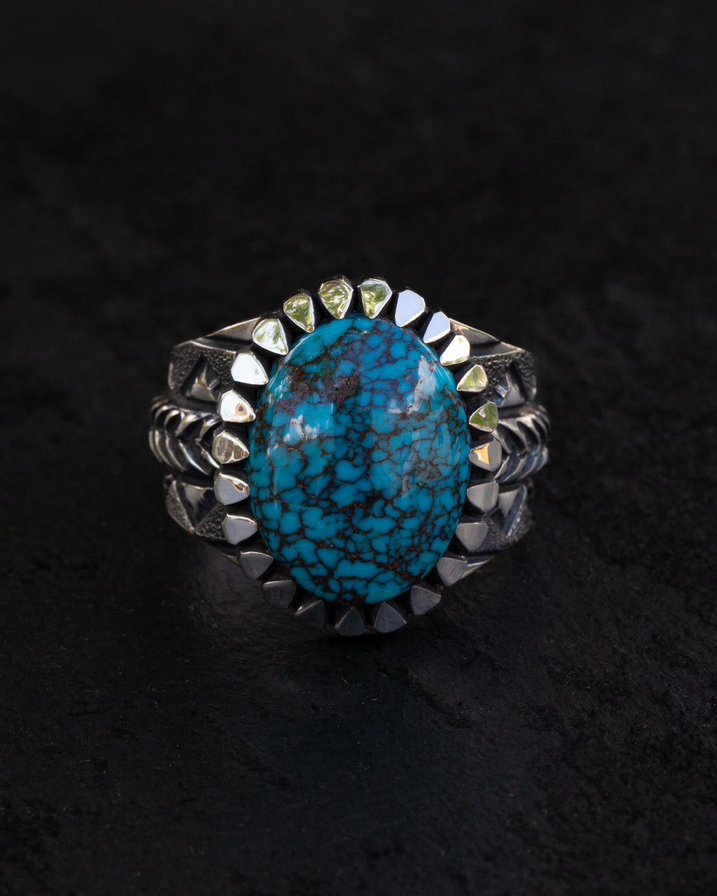 Incredible Size 12.5 Natural High Grade Webbed Bisbee Turquoise Stamped, Chased, and Textured Ring