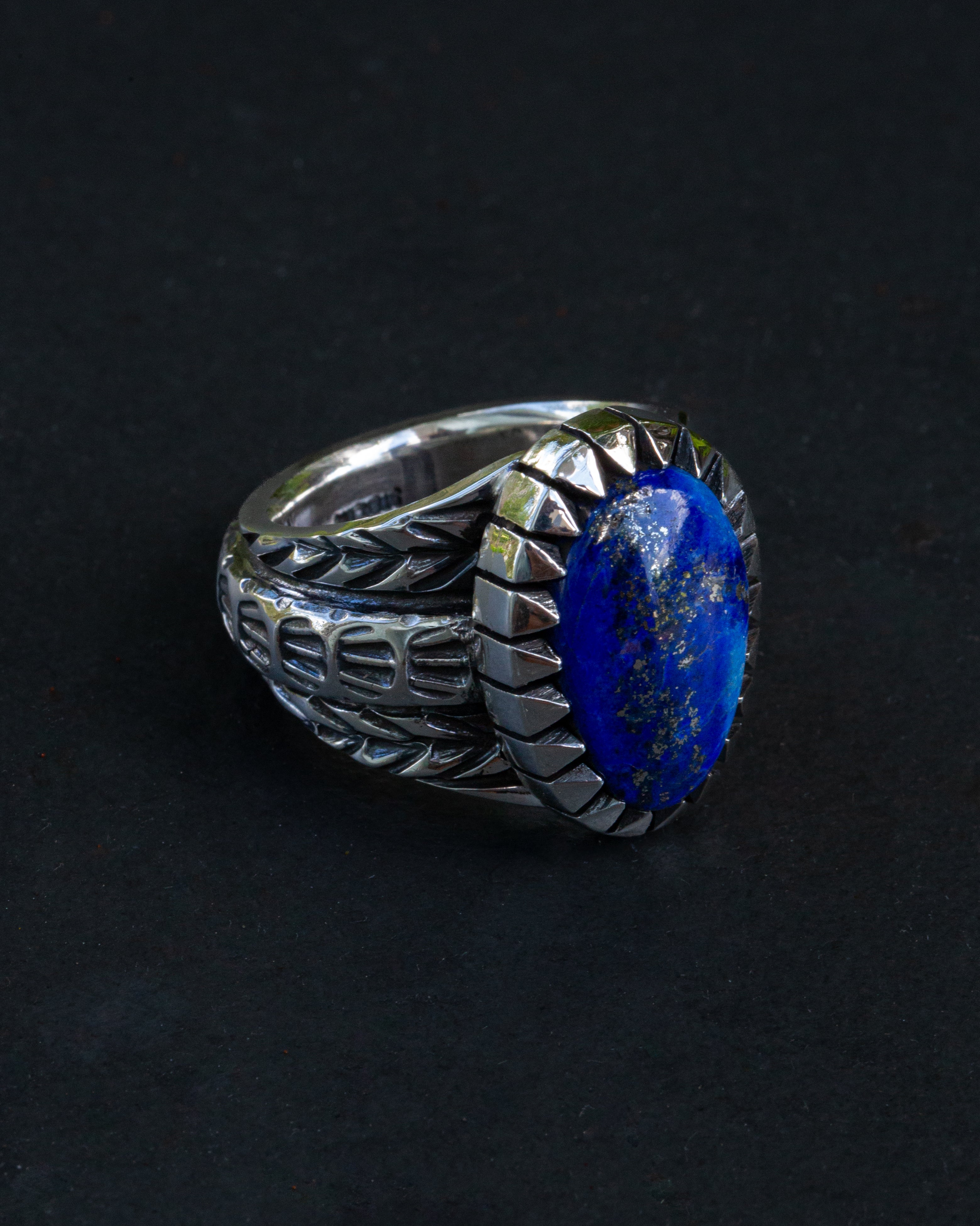 Masculine Heavy Size 9.75 Lapis Lazuli Stamped, Chased, Highly Detailed Sterling Silver Ring