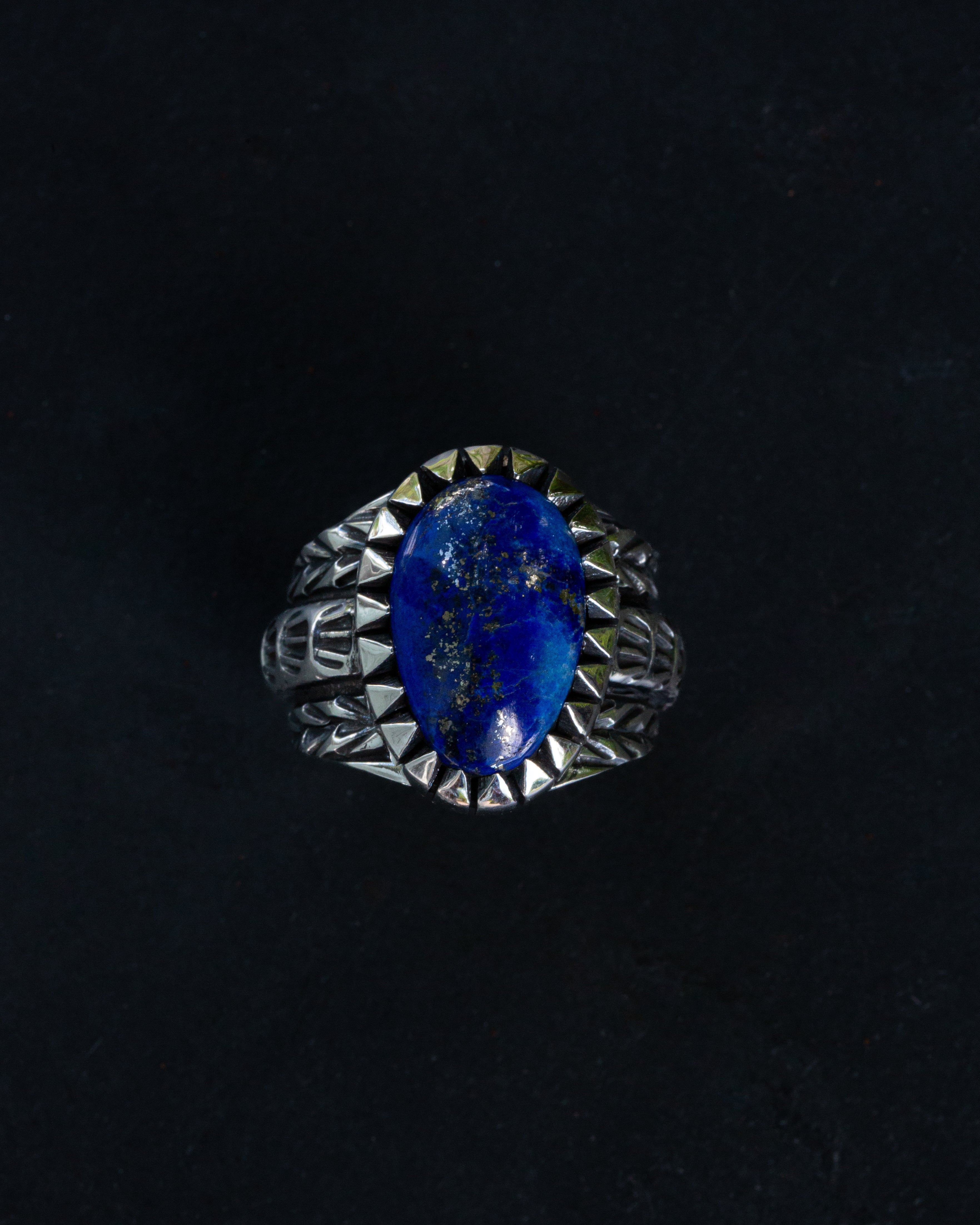Masculine Heavy Size 9.75 Lapis Lazuli Stamped, Chased, Highly Detailed Sterling Silver Ring