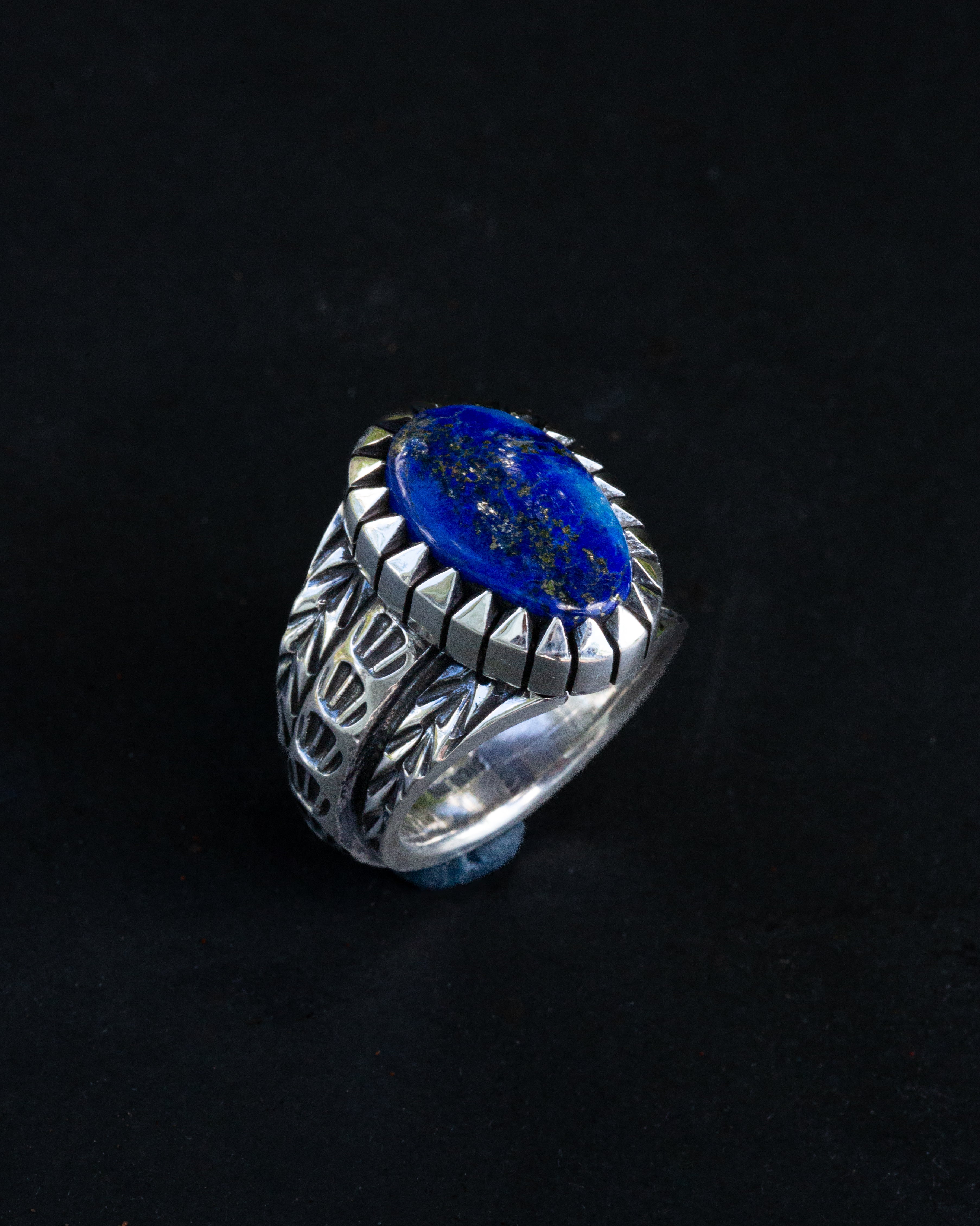 Masculine Heavy Size 9.75 Lapis Lazuli Stamped, Chased, Highly Detailed Sterling Silver Ring