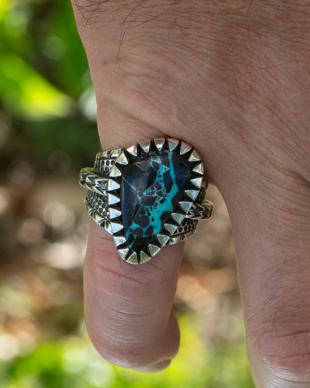 Heavy Duty Size 9.25 Viking Turquoise Ring With Picket Style Castellated Bezel