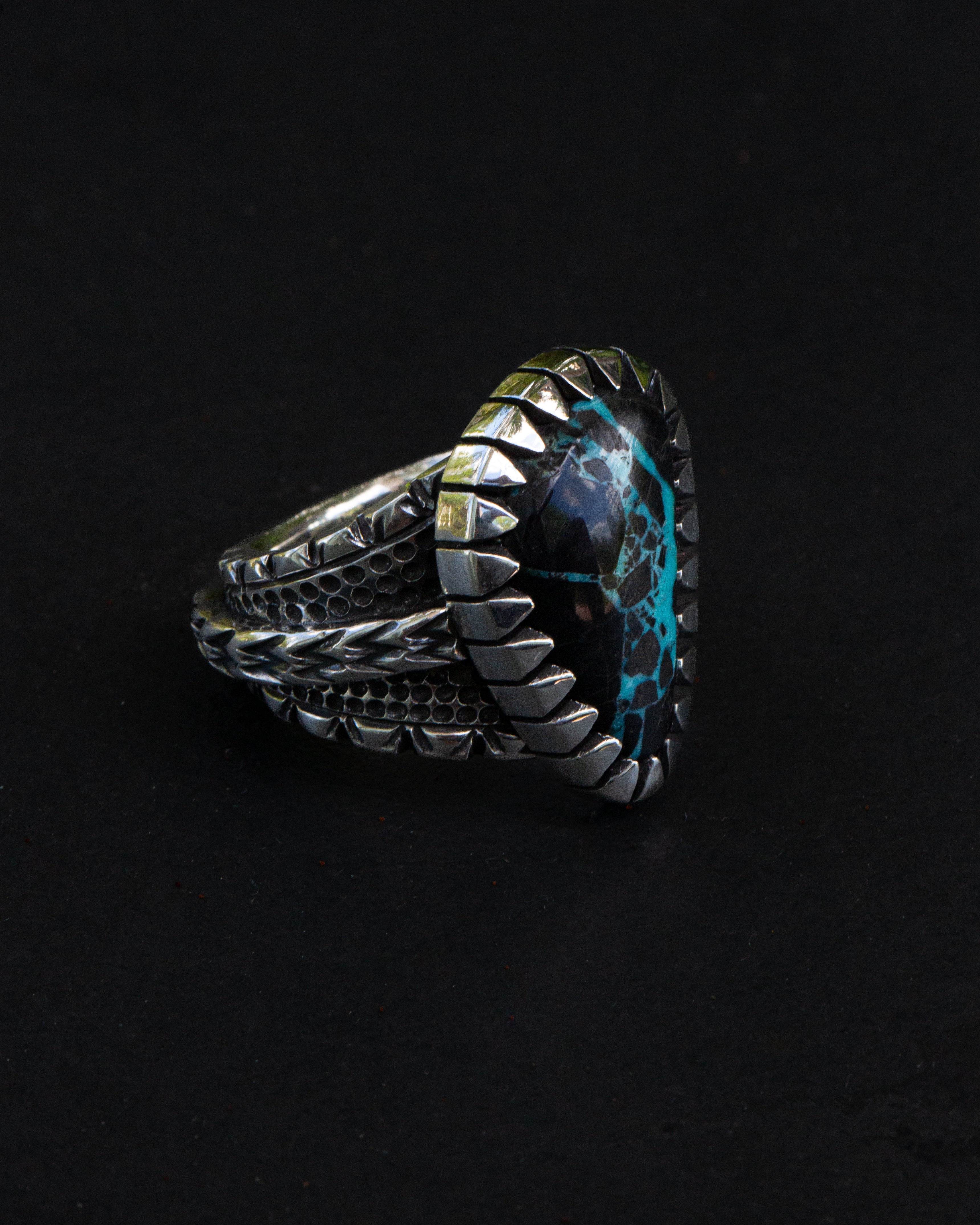 Heavy Duty Size 9.25 Viking Turquoise Ring With Picket Style Castellated Bezel