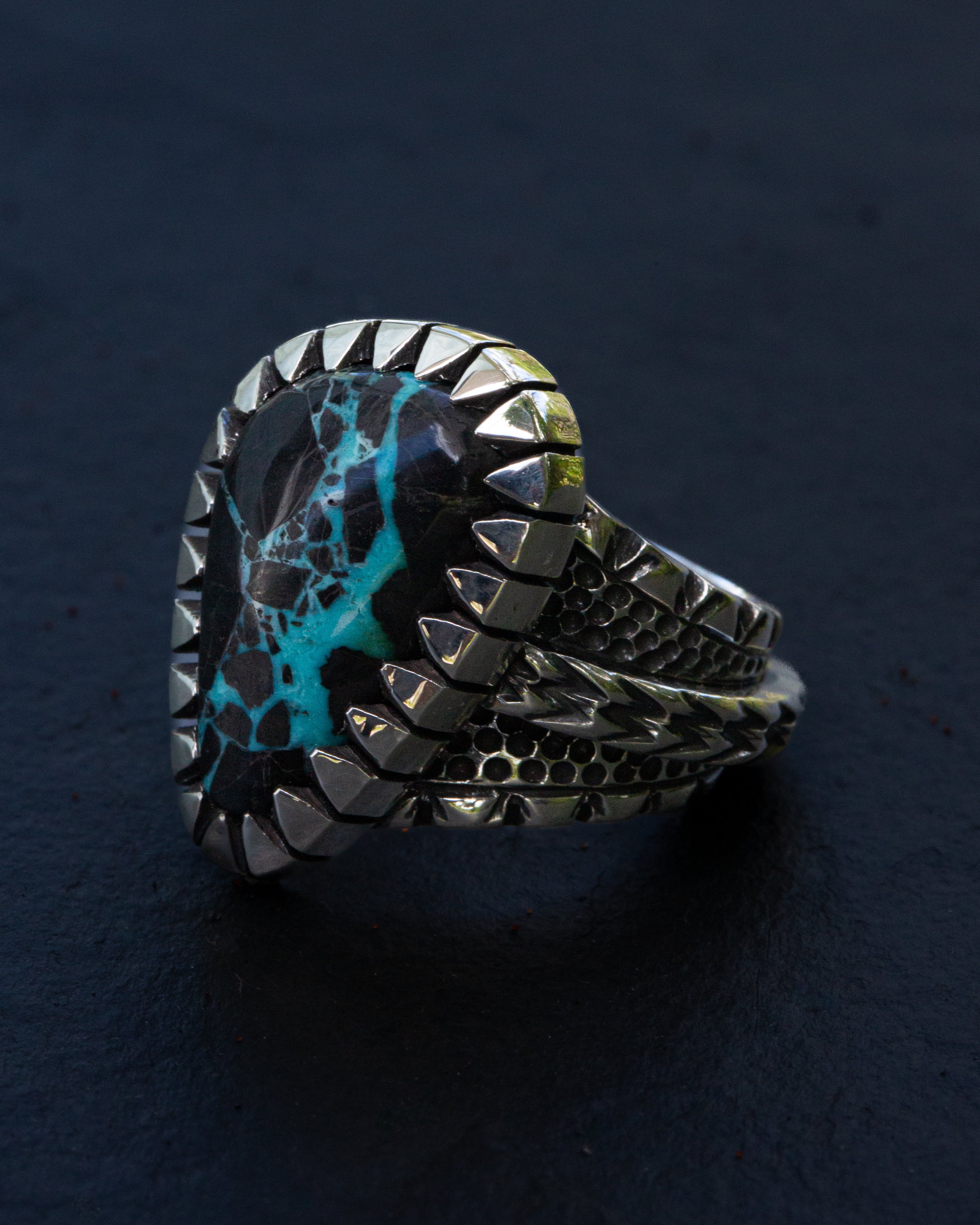 Heavy Duty Size 9.25 Viking Turquoise Ring With Picket Style Castellated Bezel