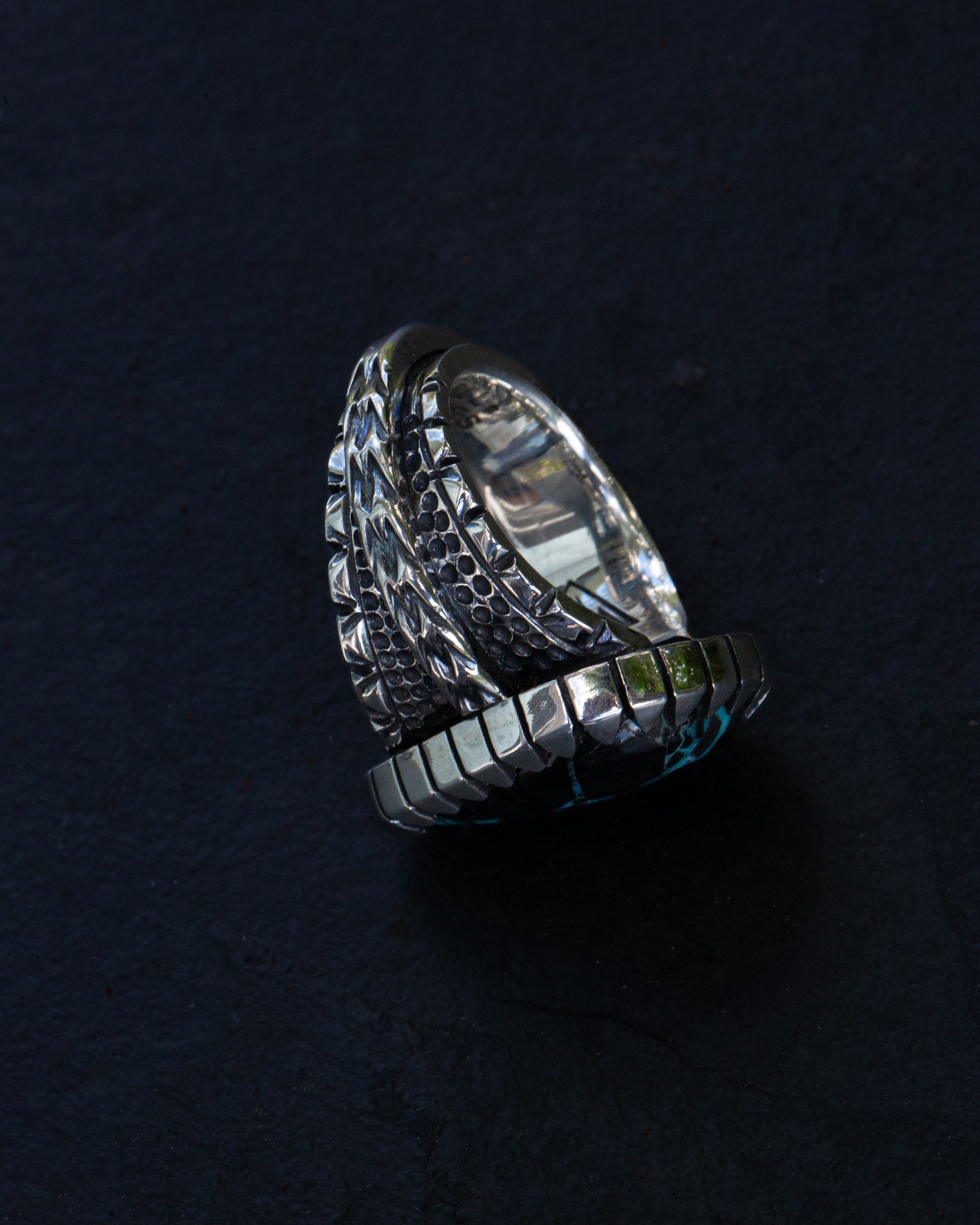 Heavy Duty Size 9.25 Viking Turquoise Ring With Picket Style Castellated Bezel