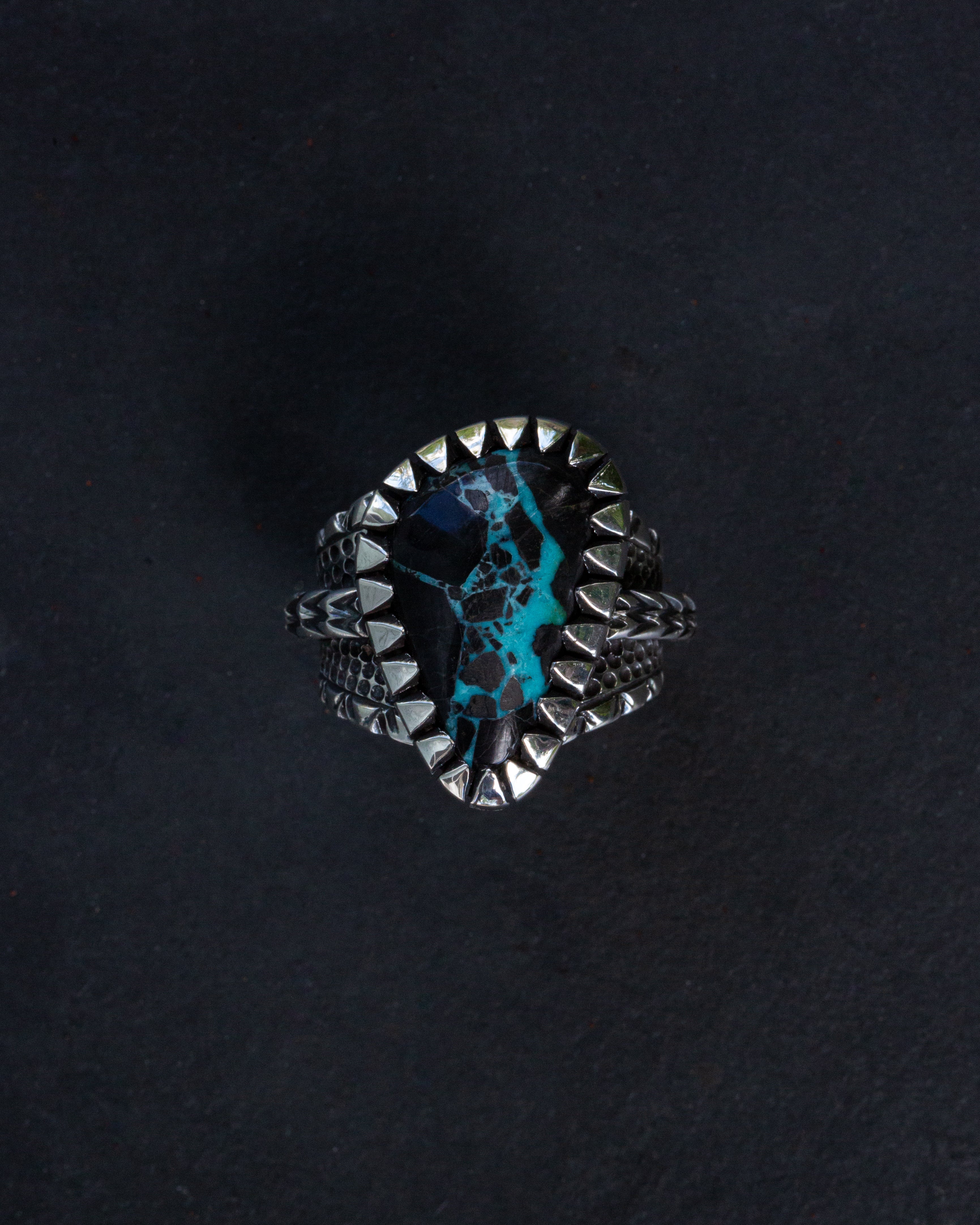 Heavy Duty Size 9.25 Viking Turquoise Ring With Picket Style Castellated Bezel