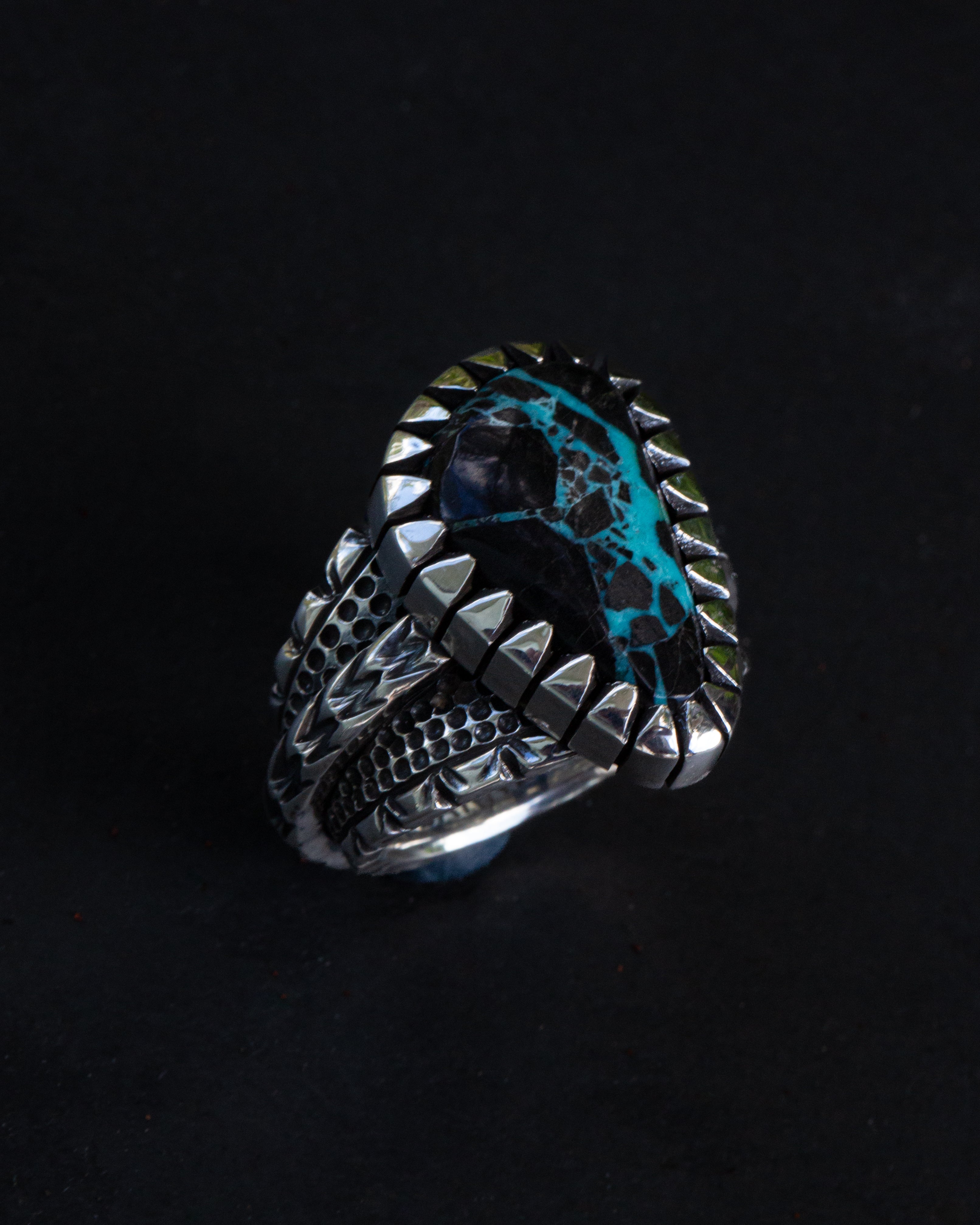 Heavy Duty Size 9.25 Viking Turquoise Ring With Picket Style Castellated Bezel