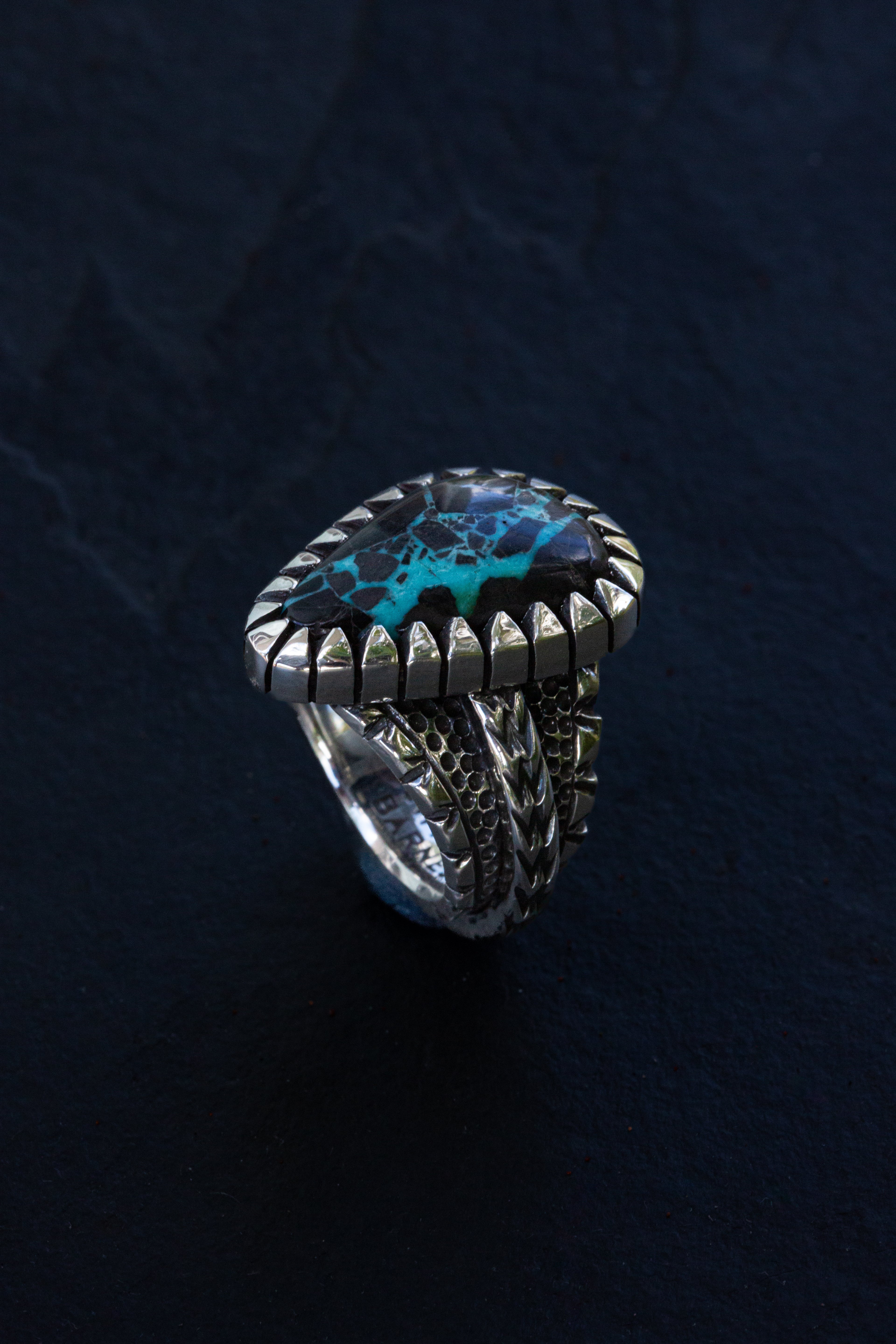 Heavy Duty Size 9.25 Viking Turquoise Ring With Picket Style Castellated Bezel