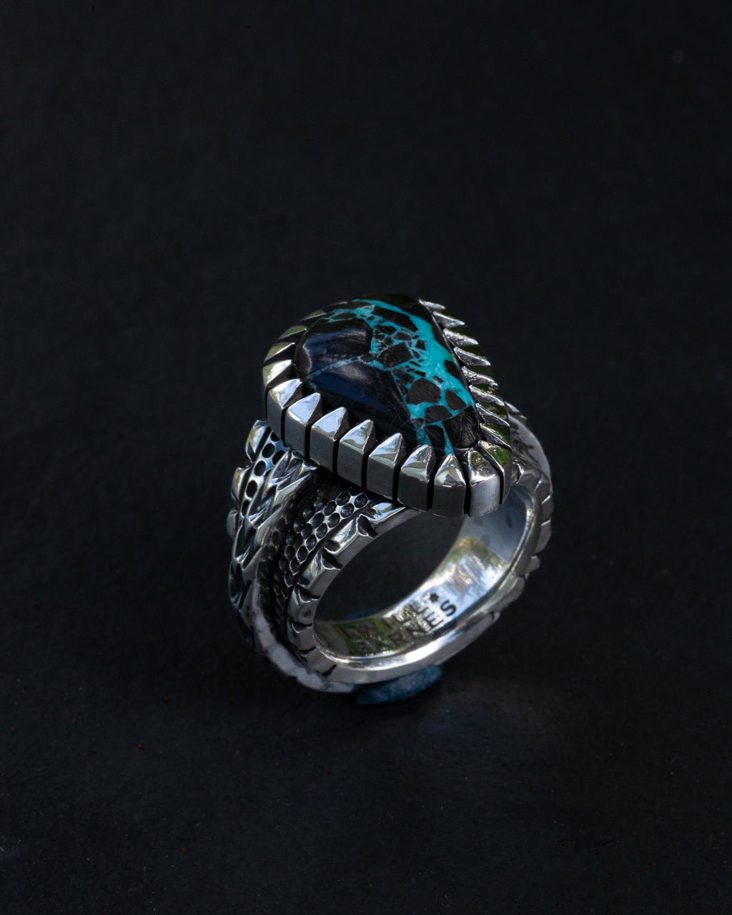 Heavy Duty Size 9.25 Viking Turquoise Ring With Picket Style Castellated Bezel
