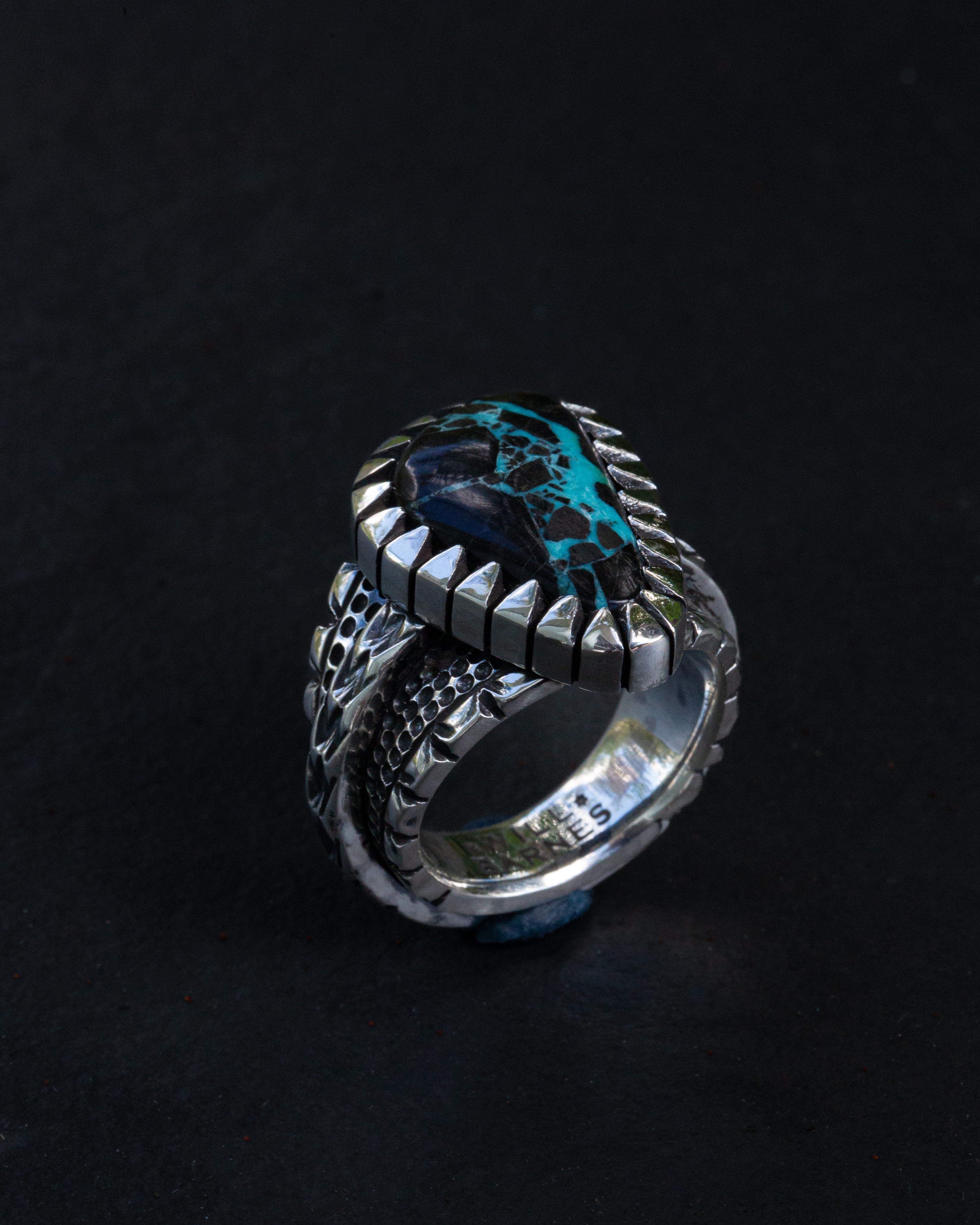 Heavy Duty Size 9.25 Viking Turquoise Ring With Picket Style Castellated Bezel