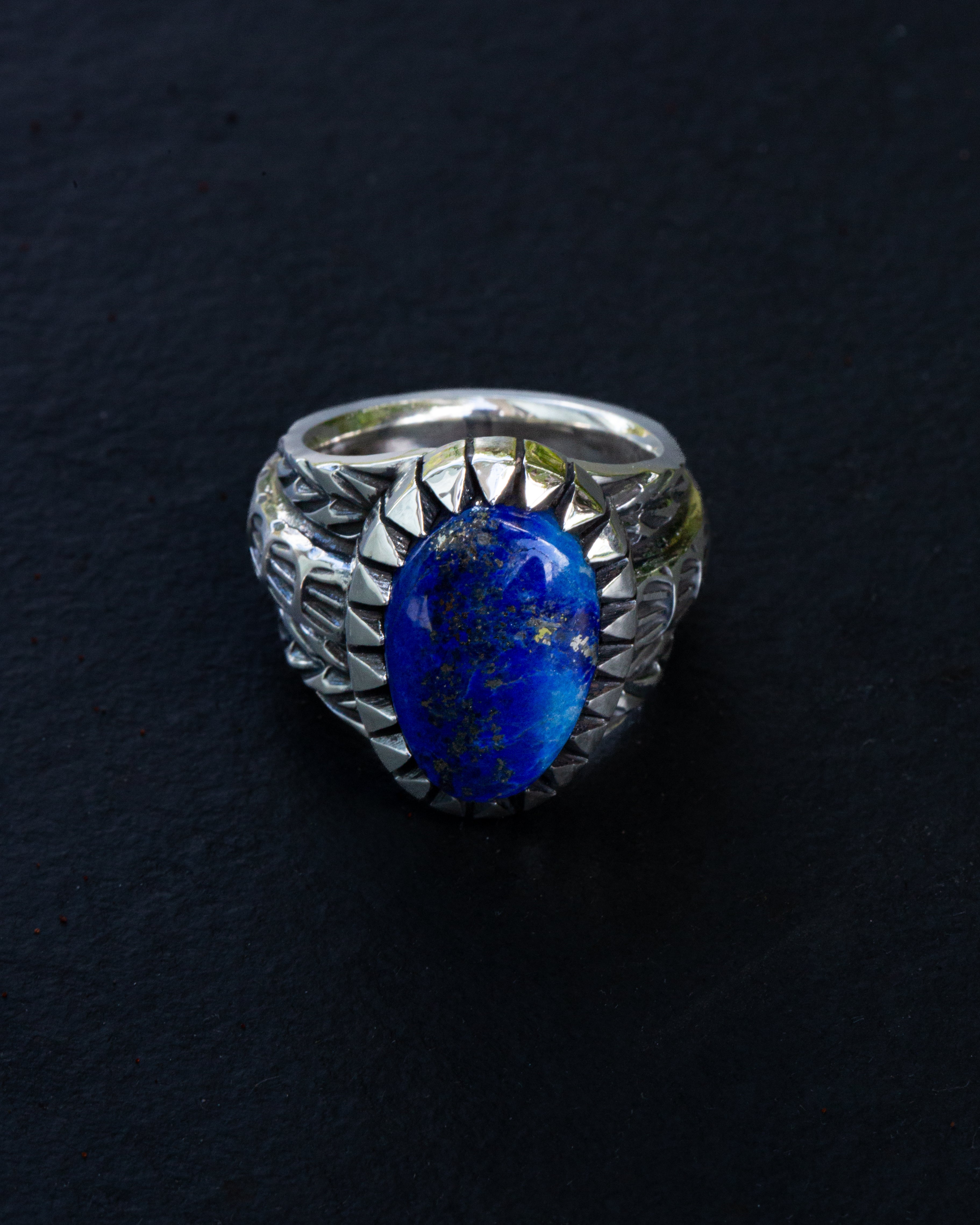 Masculine Heavy Size 9.75 Lapis Lazuli Stamped, Chased, Highly Detailed Sterling Silver Ring