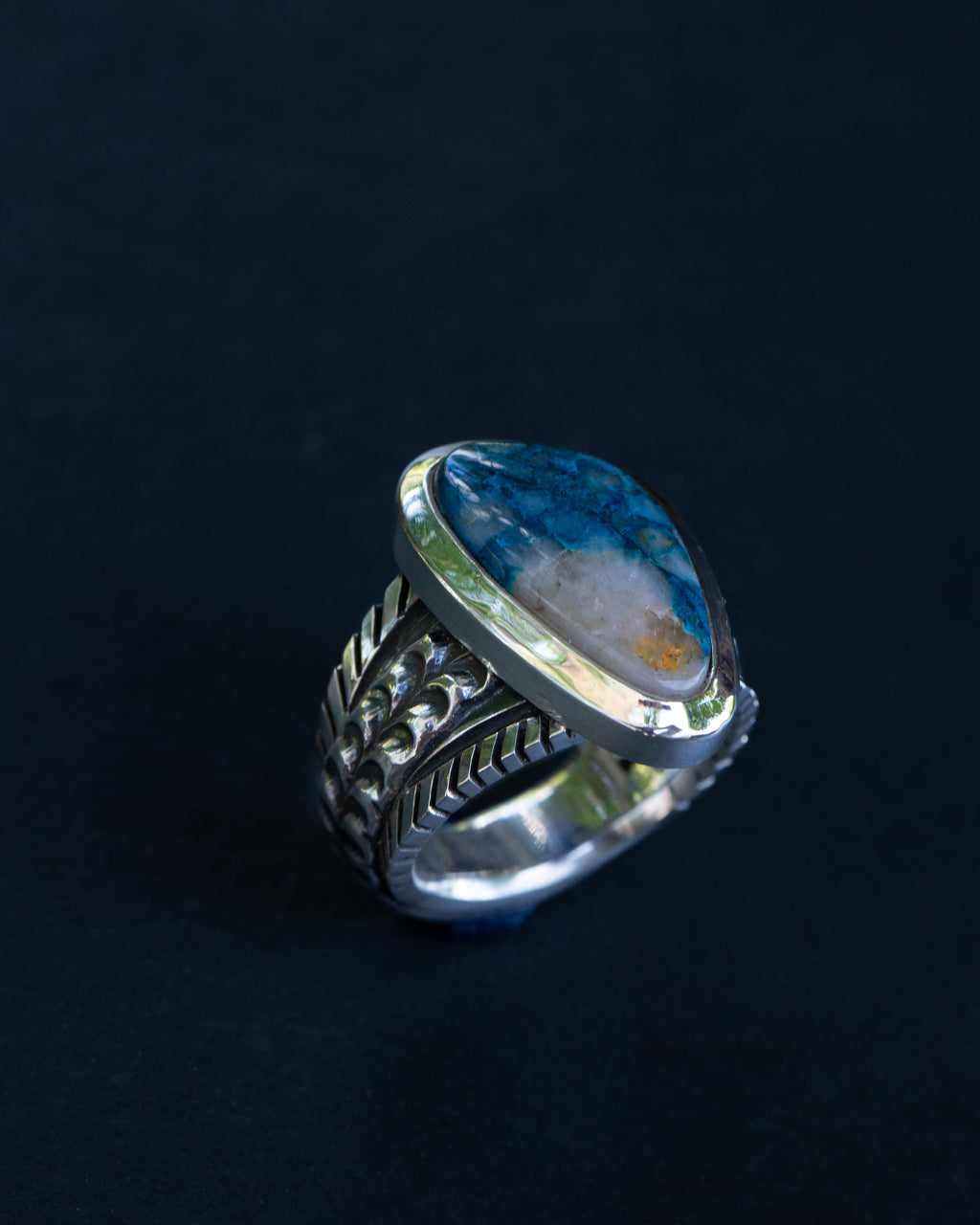 Size 10.5 High Grade Namibian Shattuckite Statement Ring Heavy Smooth Bezel Highly Detailed