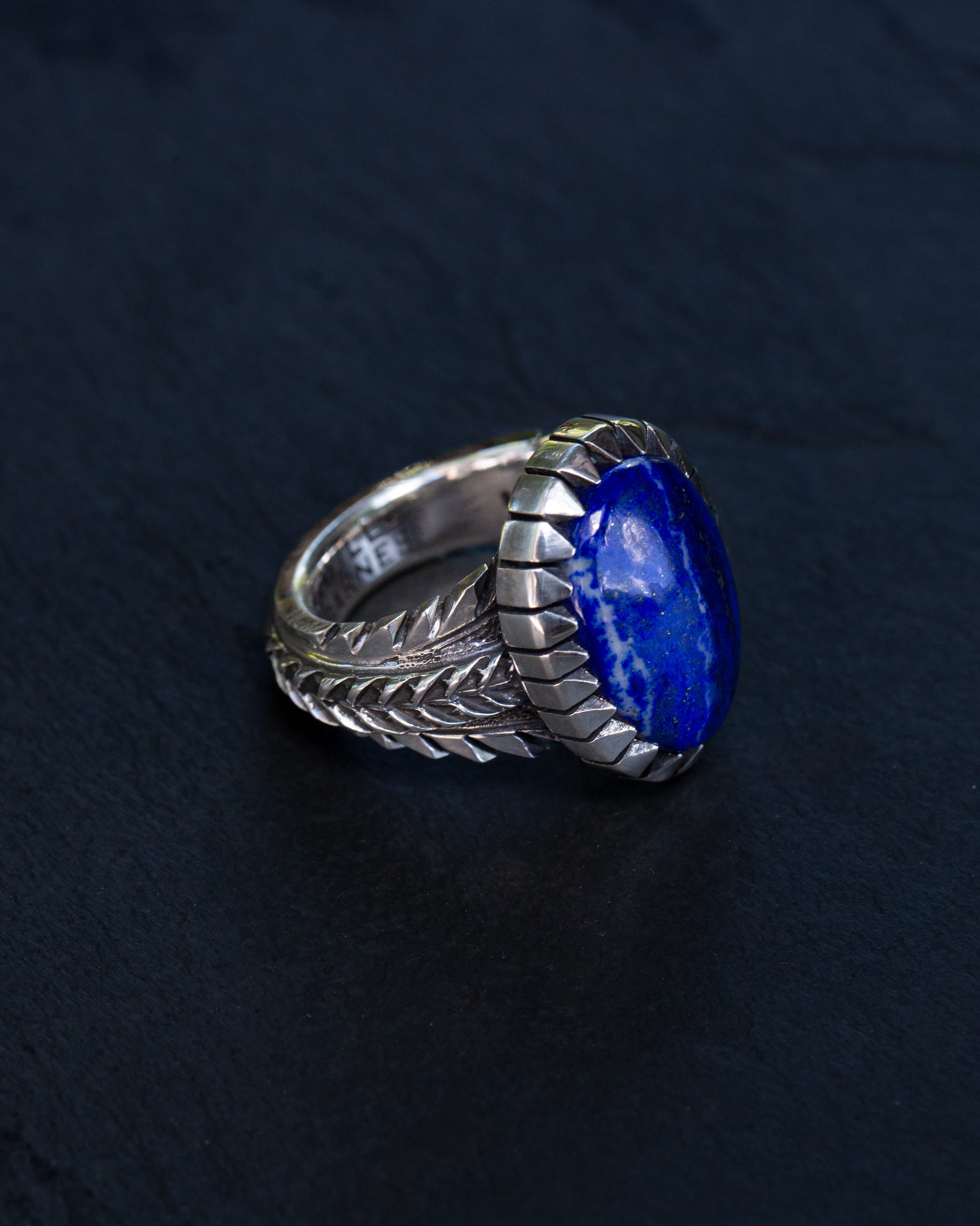 Heavy Size 8.75 Lapis Lazuli Stamped, Chased, Highly Detailed Sterling Silver Ring