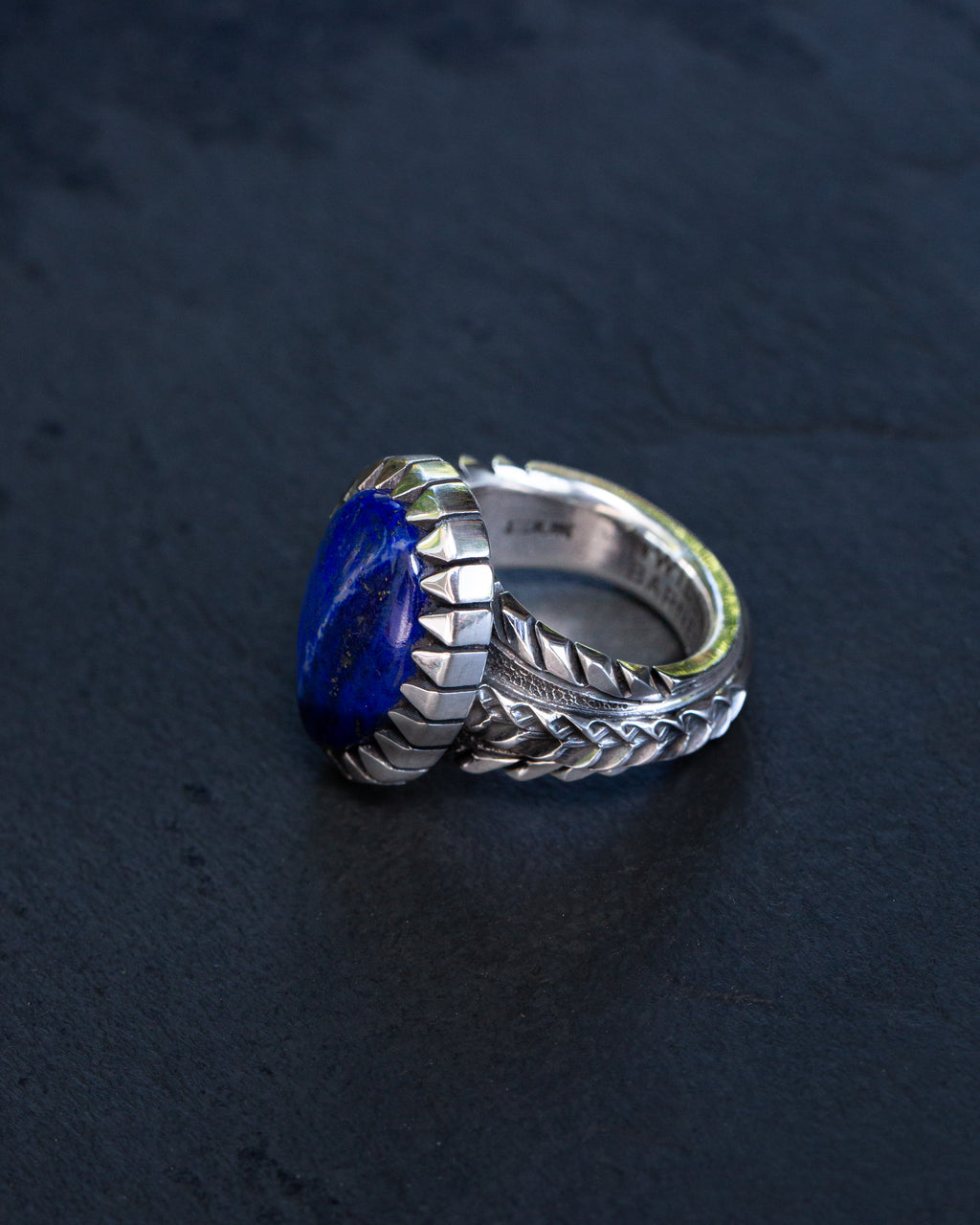 Heavy Size 8.75 Lapis Lazuli Stamped, Chased, Highly Detailed Sterling Silver Ring