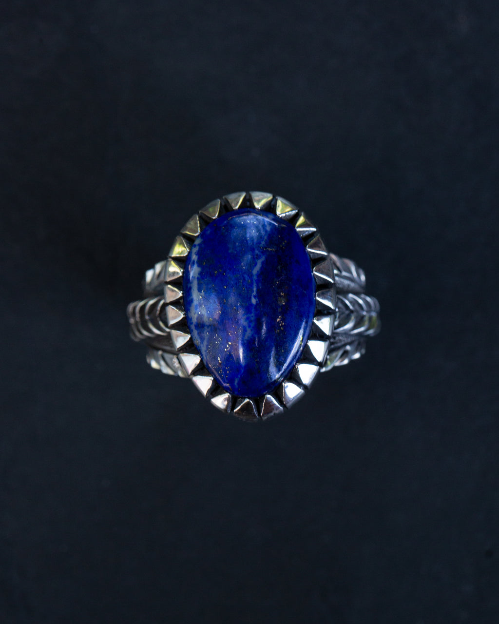 Heavy Size 8.75 Lapis Lazuli Stamped, Chased, Highly Detailed Sterling Silver Ring