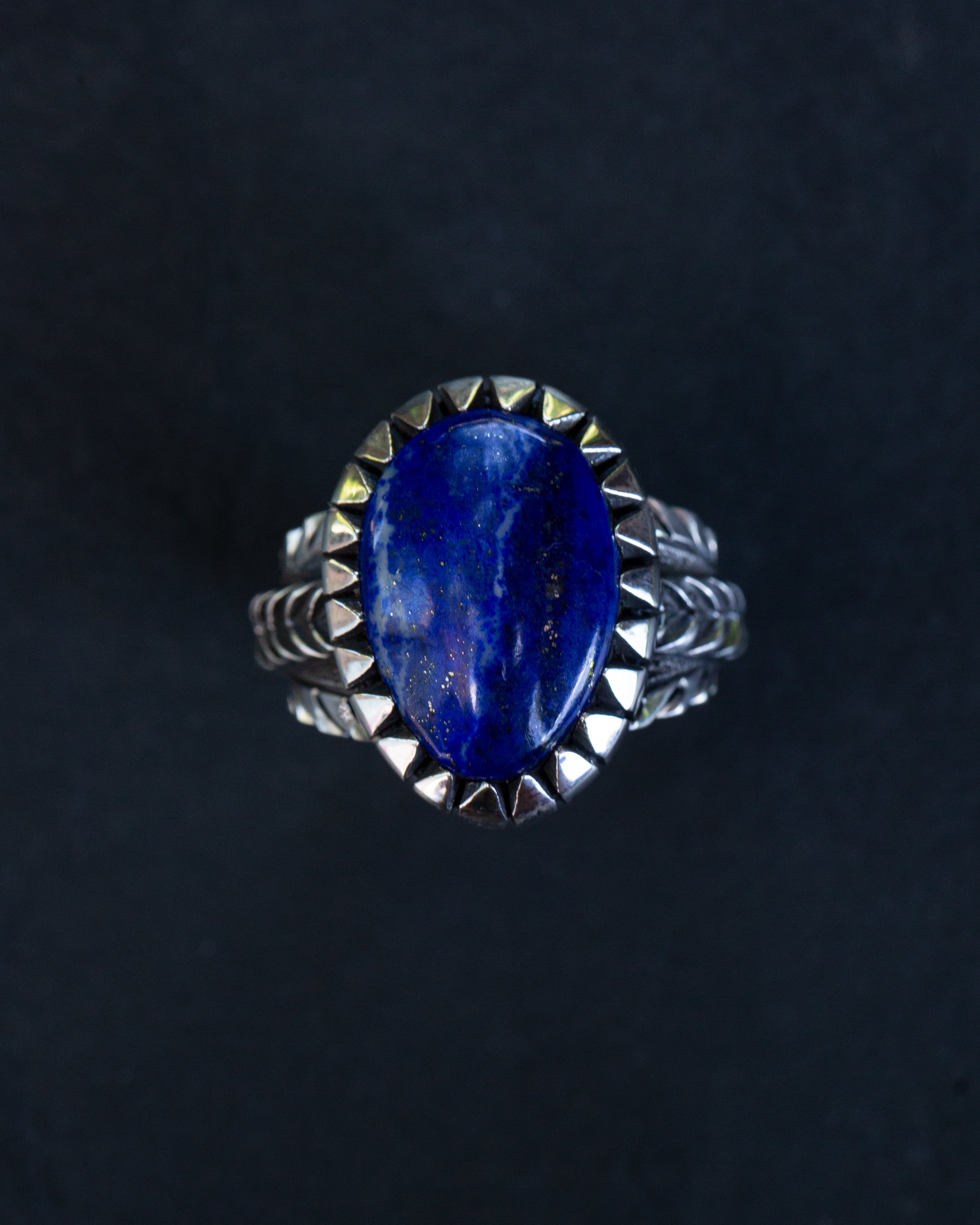 Heavy Size 8.75 Lapis Lazuli Stamped, Chased, Highly Detailed Sterling Silver Ring