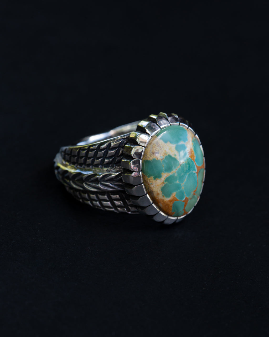 Size 12 High Grade Aqua Green Webbed Royston Turquoise Statement Ring With Castellated Bezel
