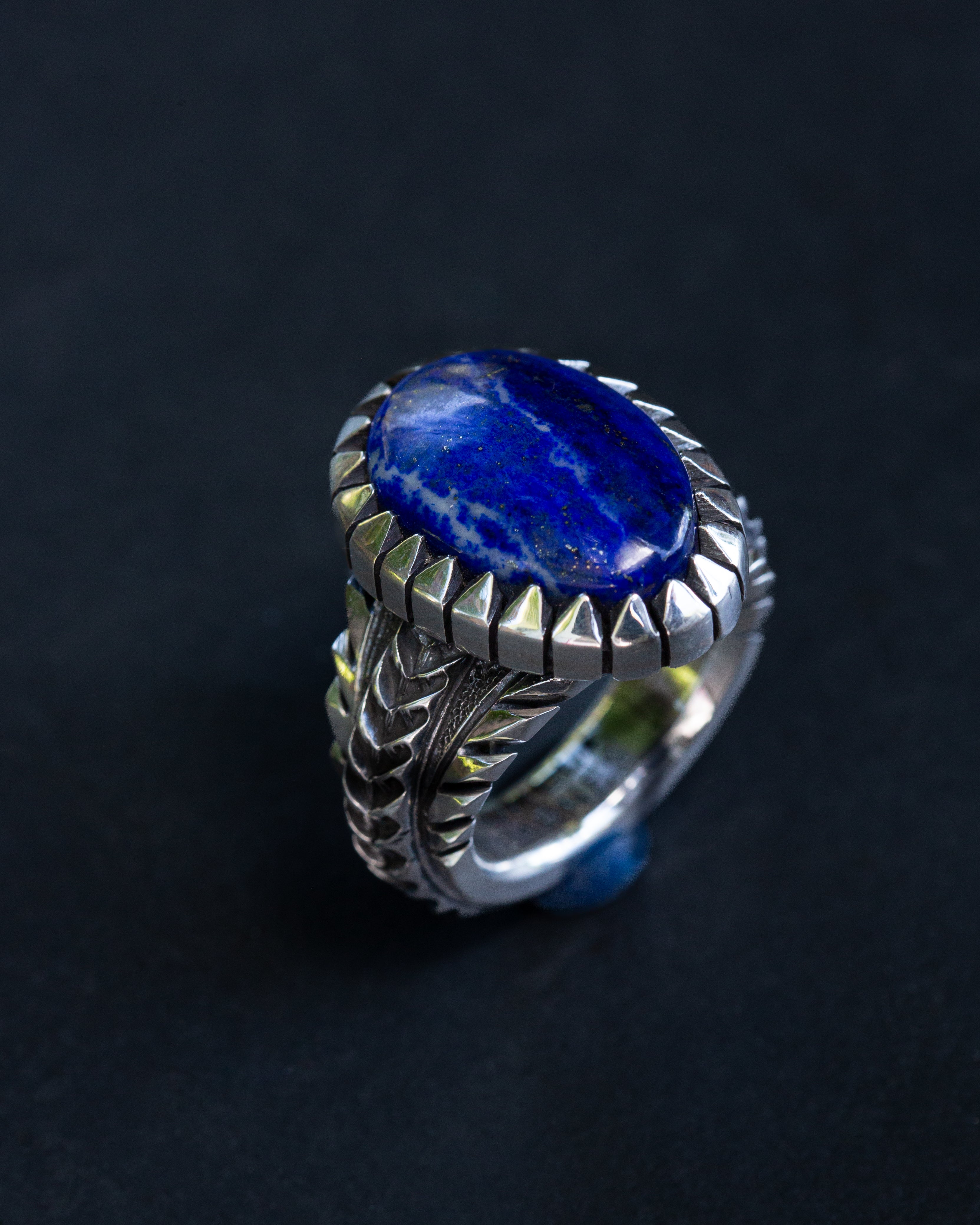 Heavy Size 8.75 Lapis Lazuli Stamped, Chased, Highly Detailed Sterling Silver Ring