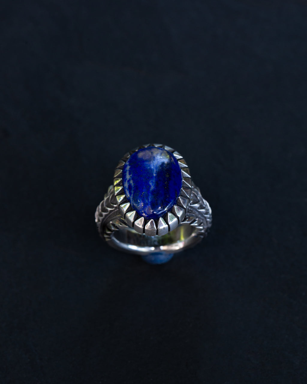 Heavy Size 8.75 Lapis Lazuli Stamped, Chased, Highly Detailed Sterling Silver Ring