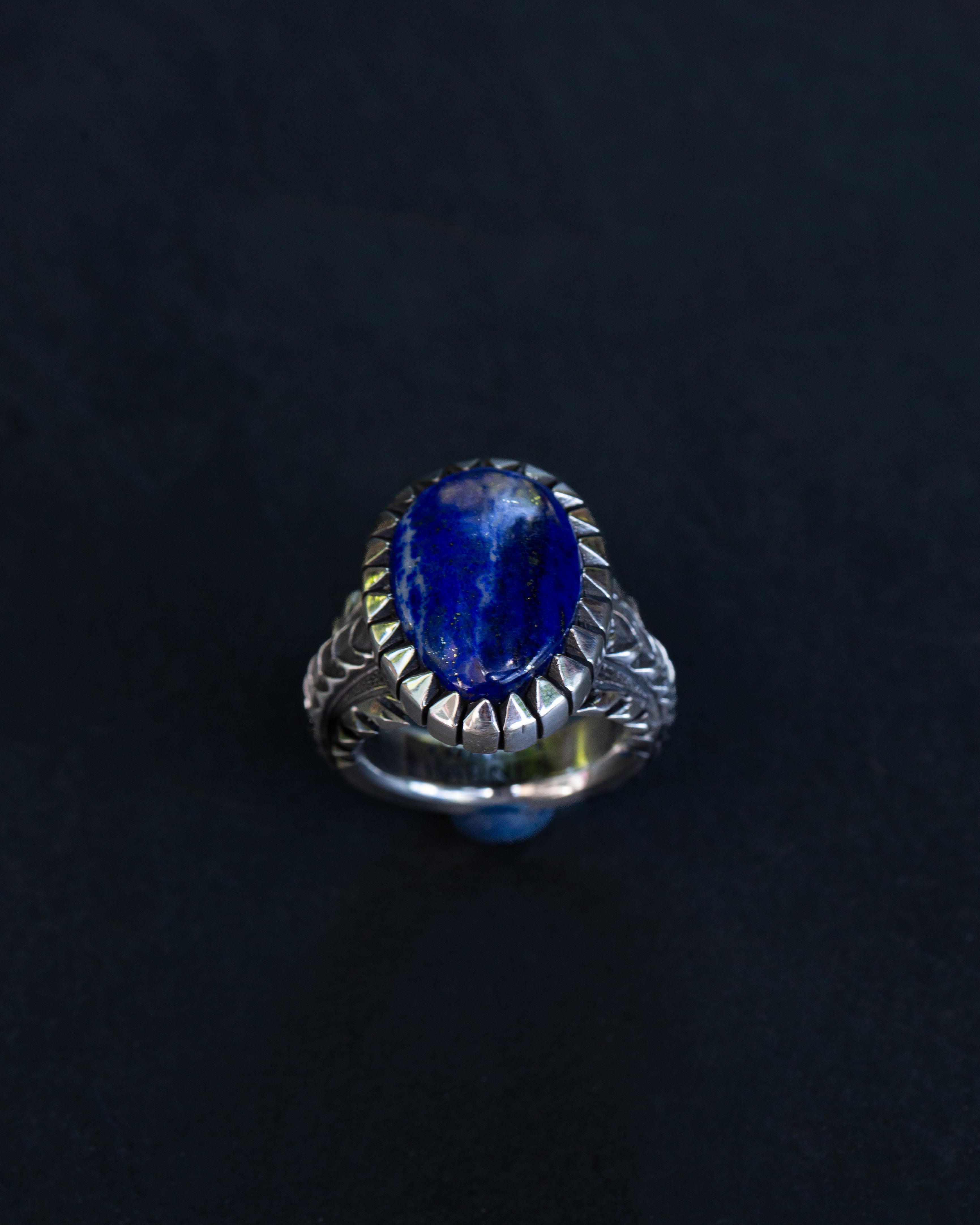 Heavy Size 8.75 Lapis Lazuli Stamped, Chased, Highly Detailed Sterling Silver Ring