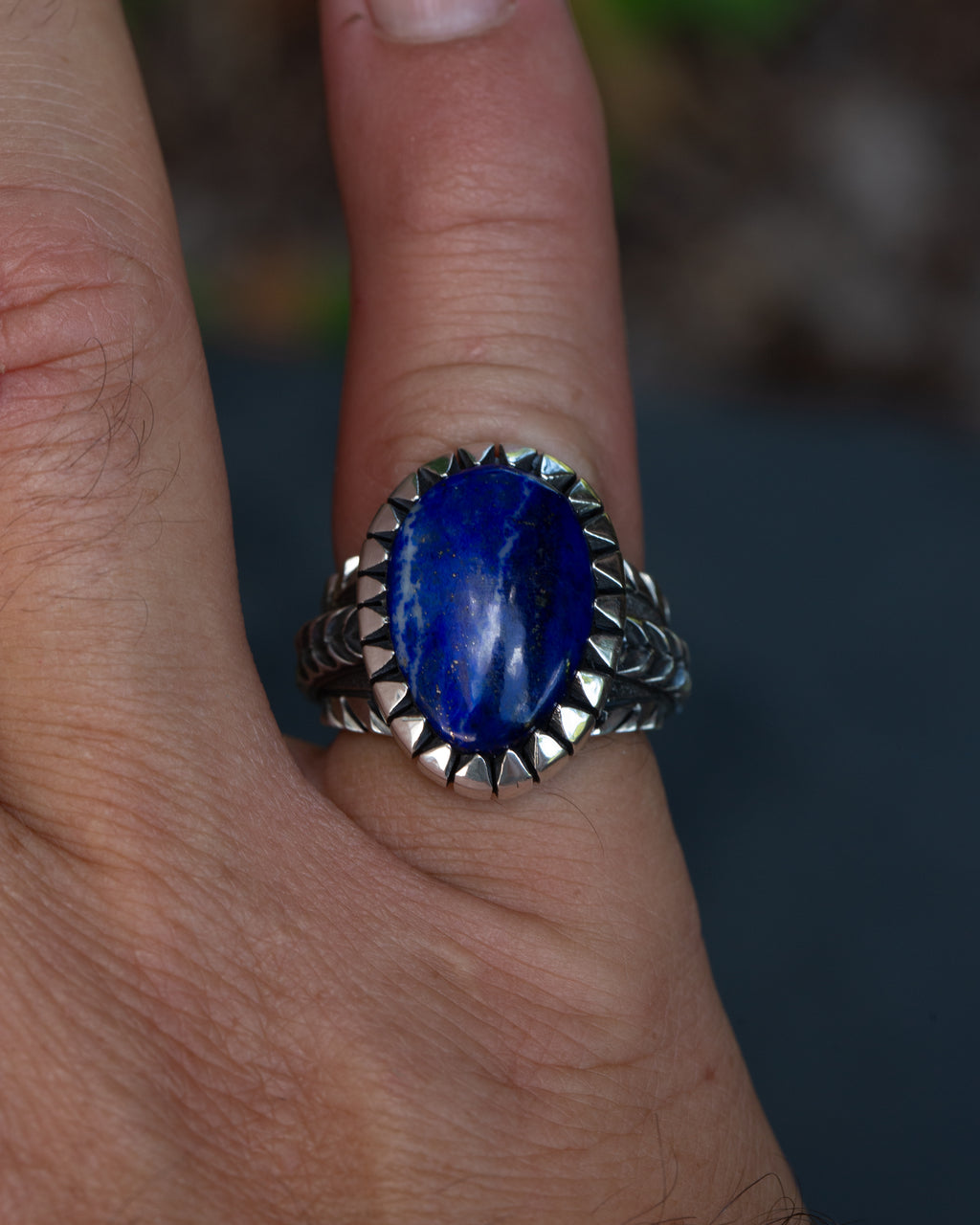 Heavy Size 8.75 Lapis Lazuli Stamped, Chased, Highly Detailed Sterling Silver Ring