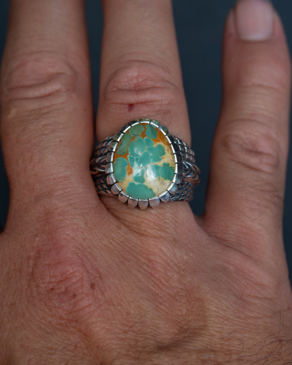 Size 12 High Grade Aqua Green Webbed Royston Turquoise Statement Ring With Castellated Bezel